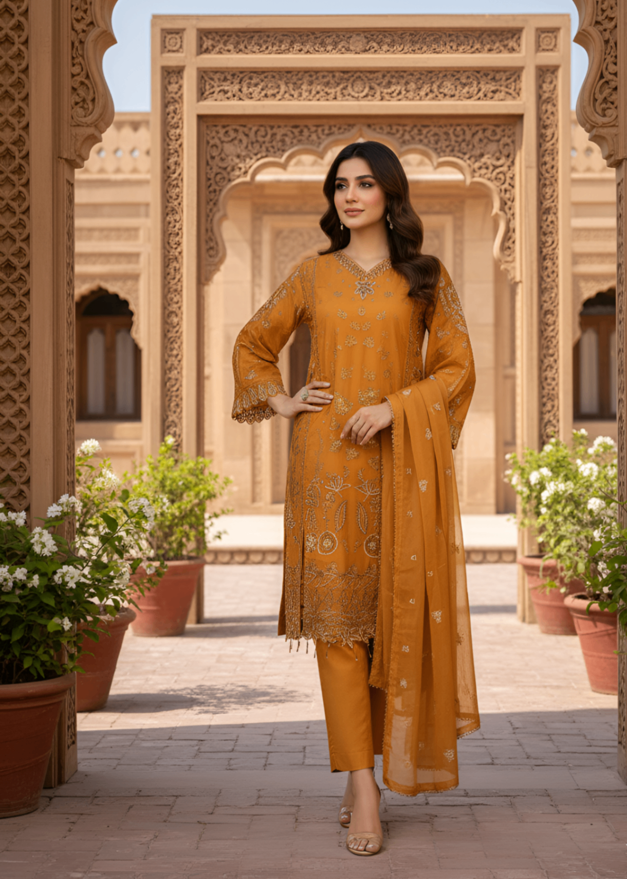 chiffon Kurta Set in Golden orange