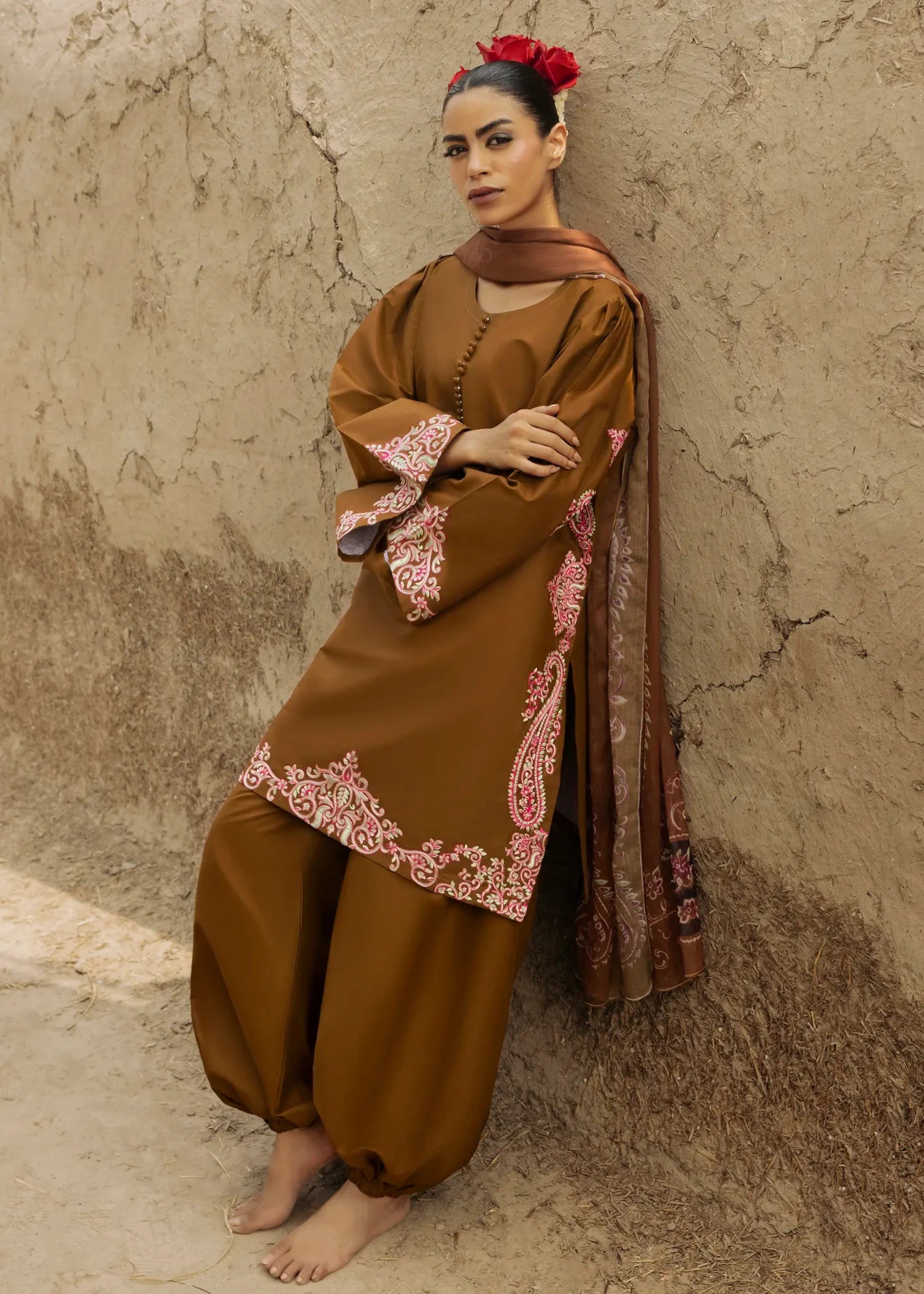 lawn cotton Kurta Set in Mocha brown
