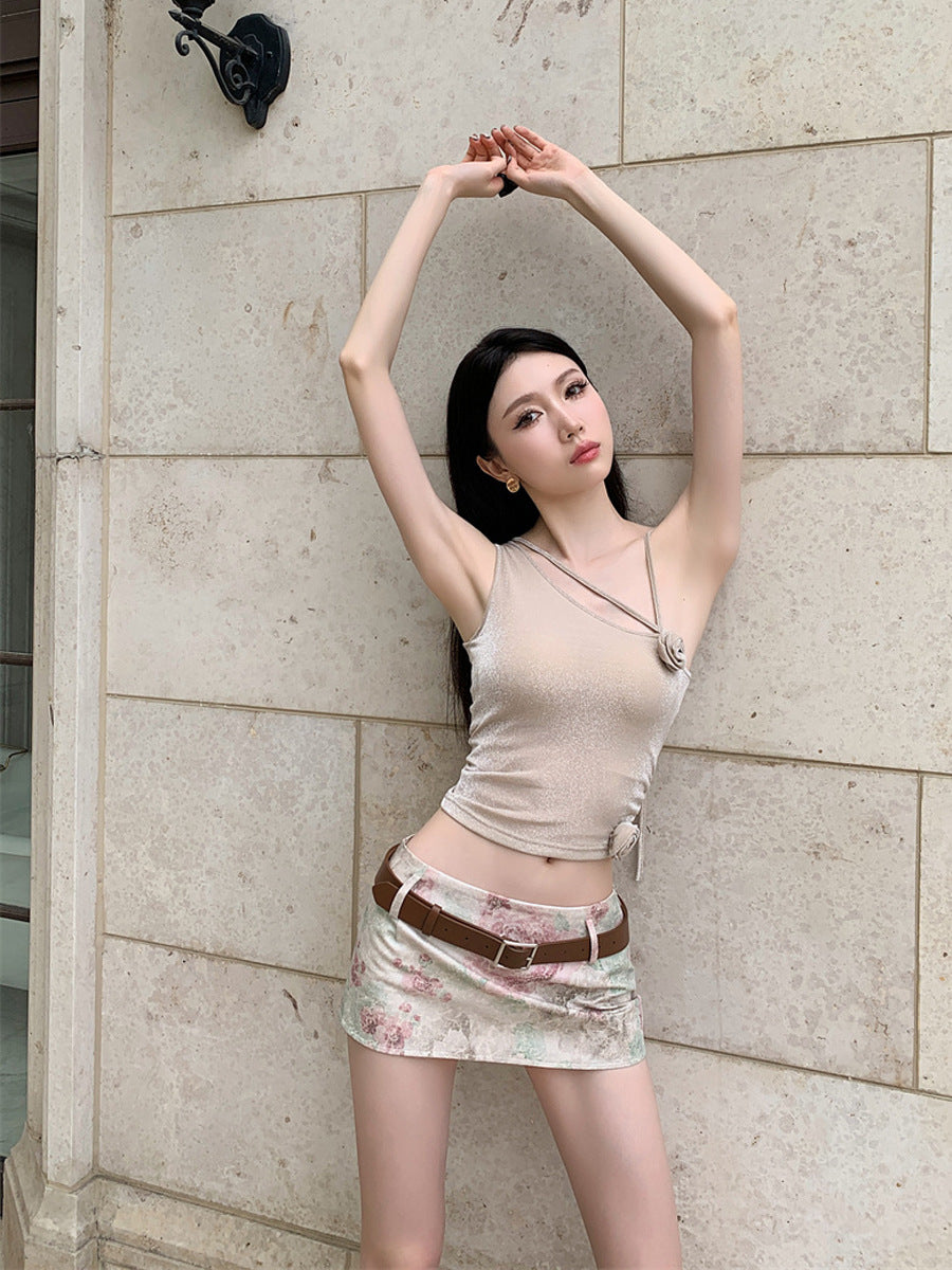 Champagne Cross Rose Shoulder Strap Top Low Waist Short Skirt Two-piece Suit