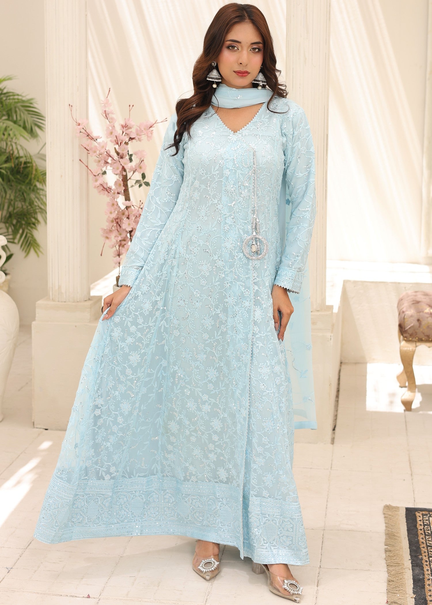 bemberg crinkle chiffon Angrakha in Ice blue