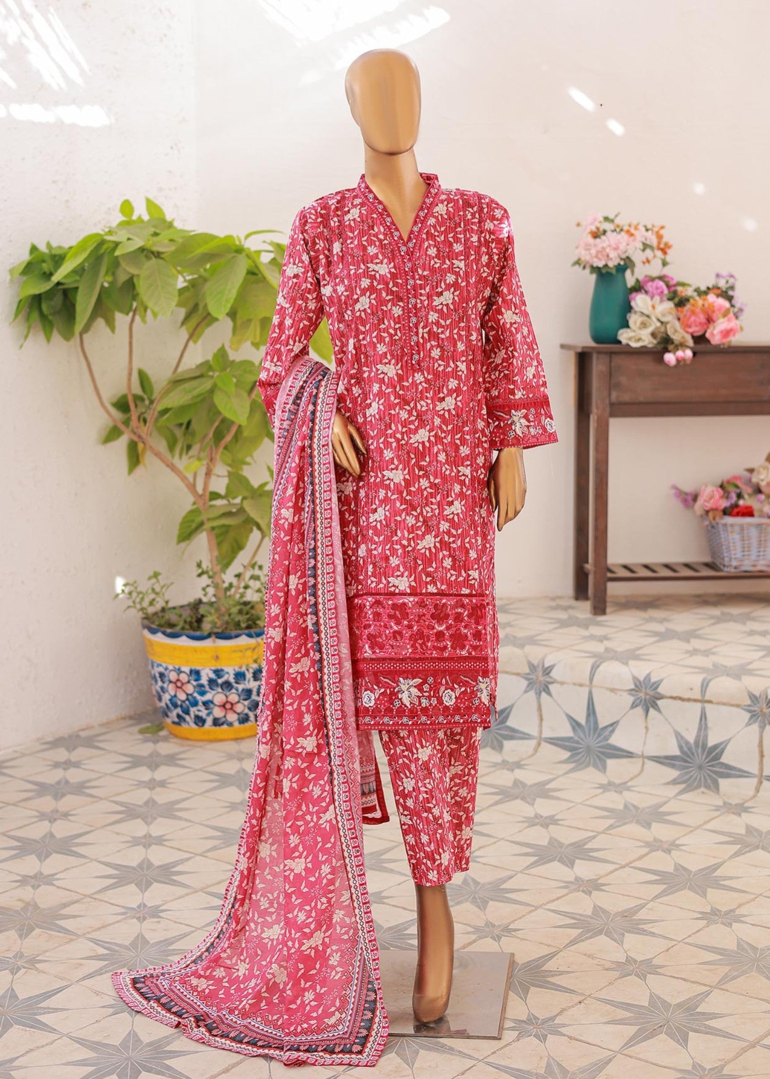 lawn Kurta Set in Ruby red