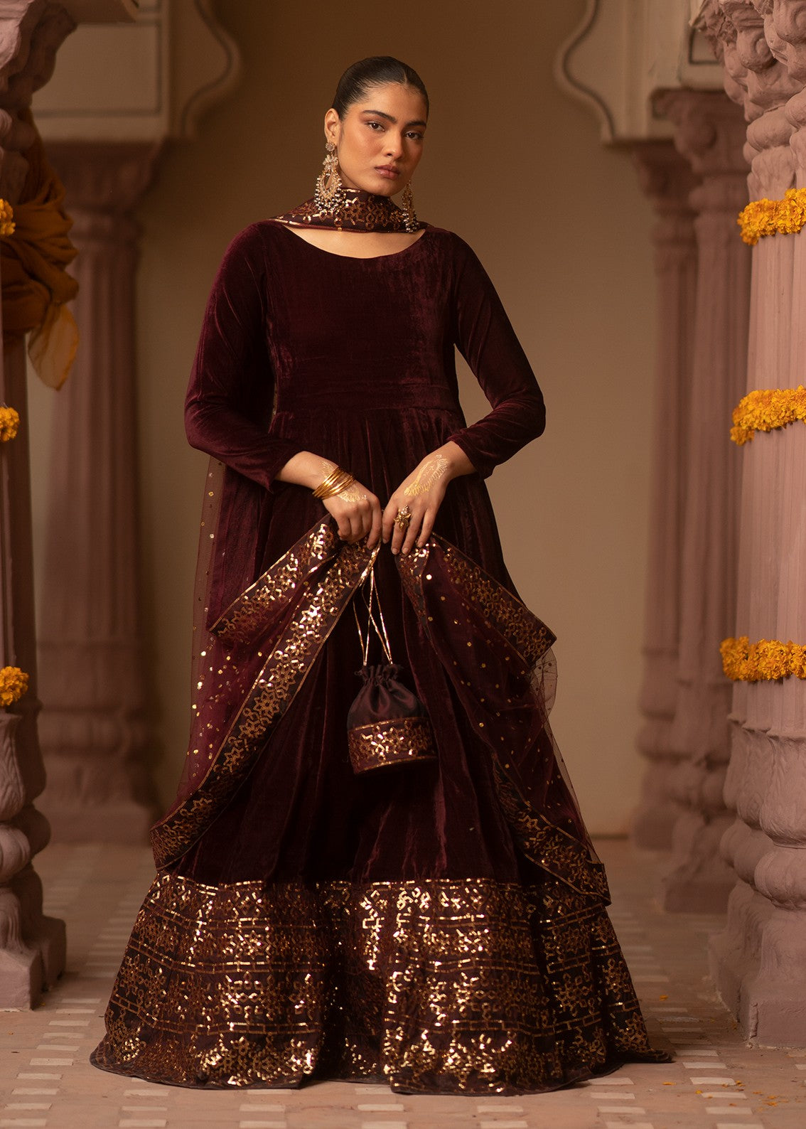 velvet Pishwas in Maroon