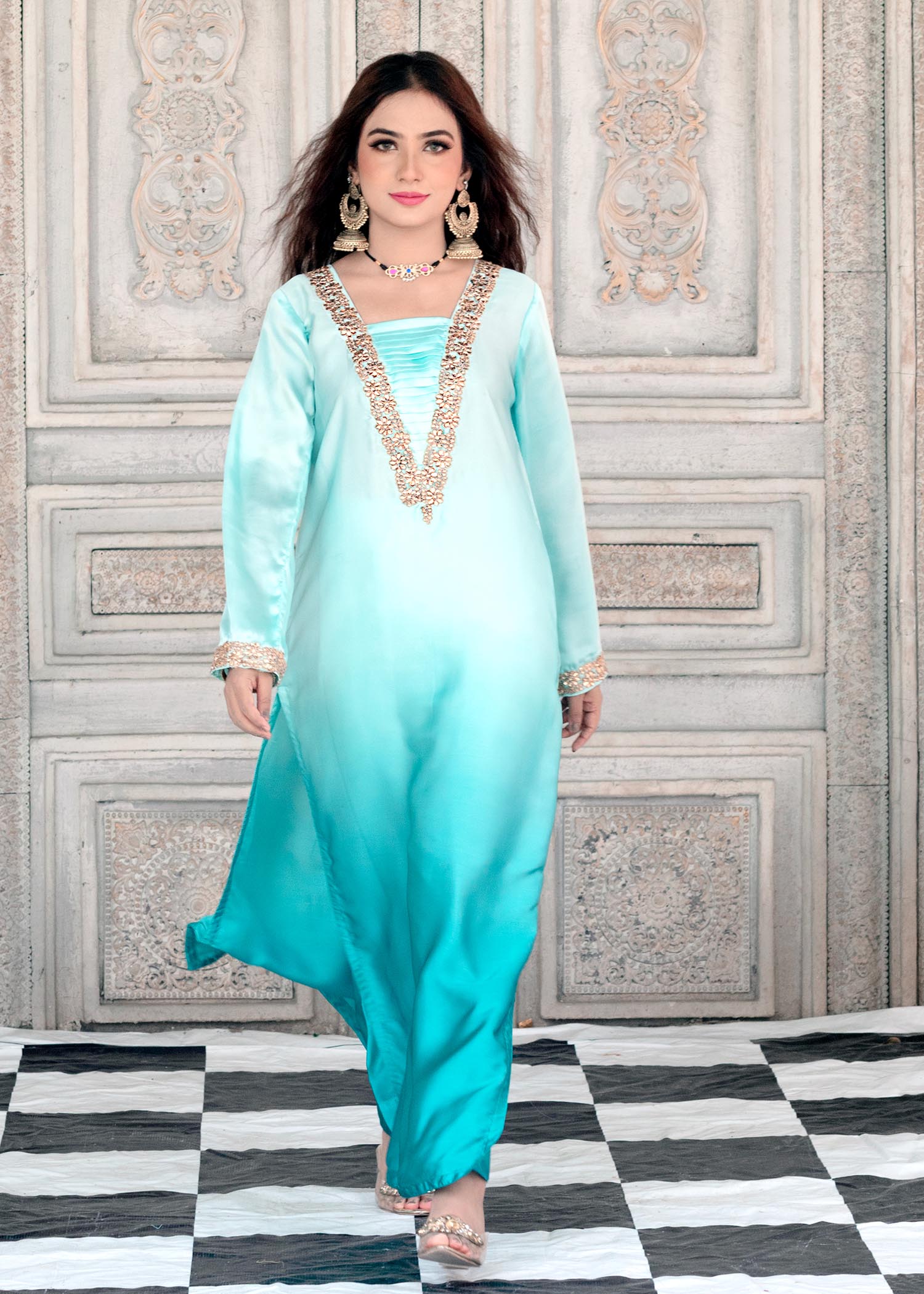 poly viscose Kurta Set in Aquamarine
