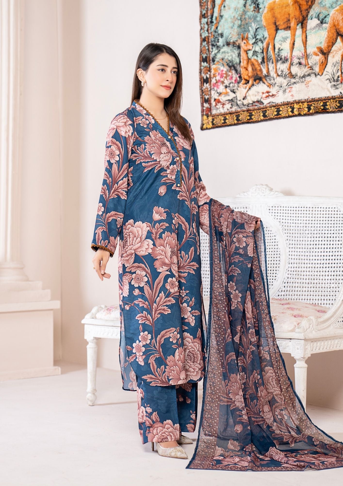 arabic lawn Kurta Set in Slate blue