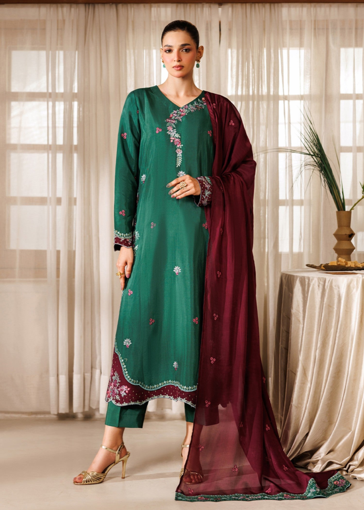 raw silk Pishwas in Green, plum