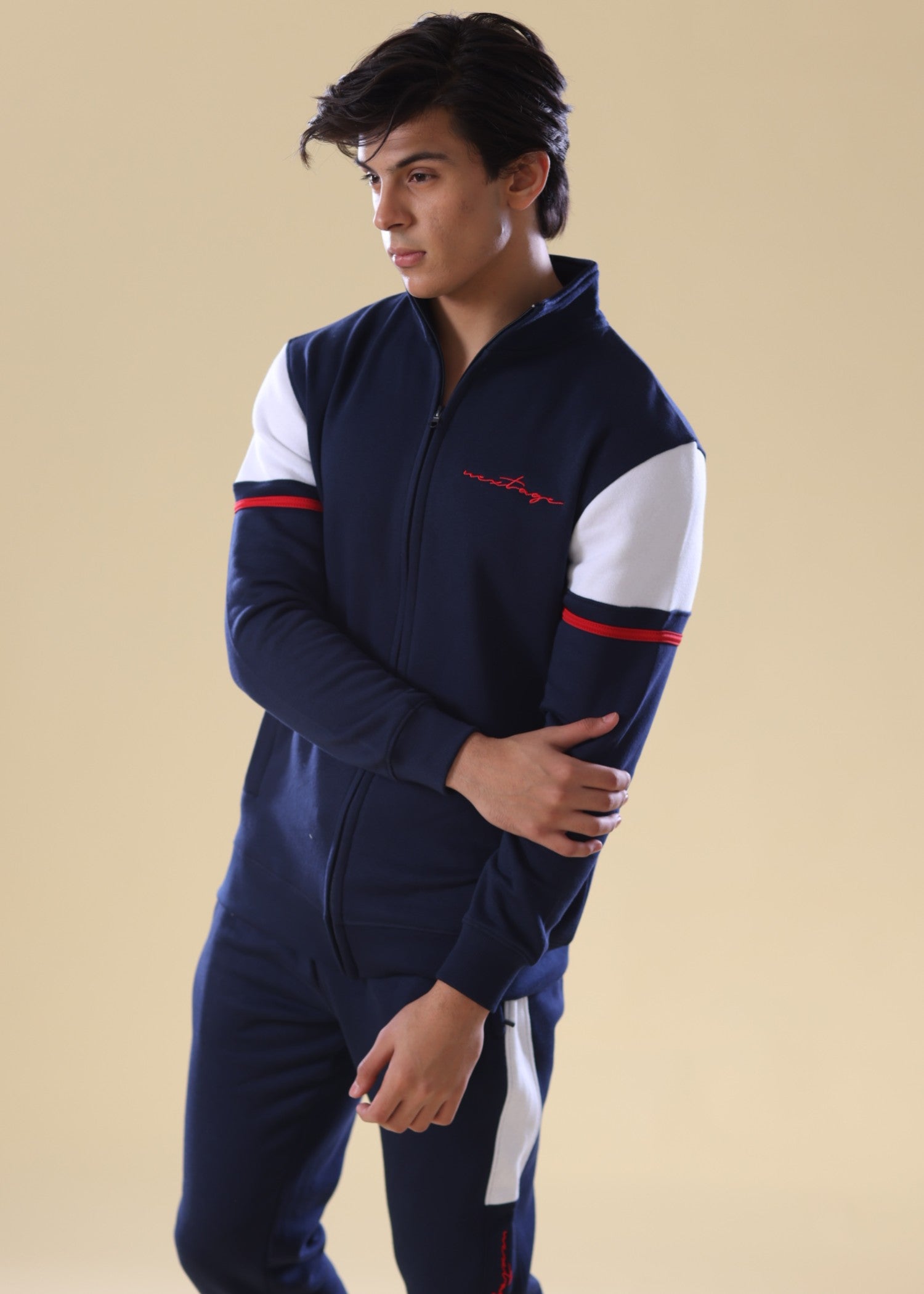 fleece Tracksuit in Navy blue, red, white
