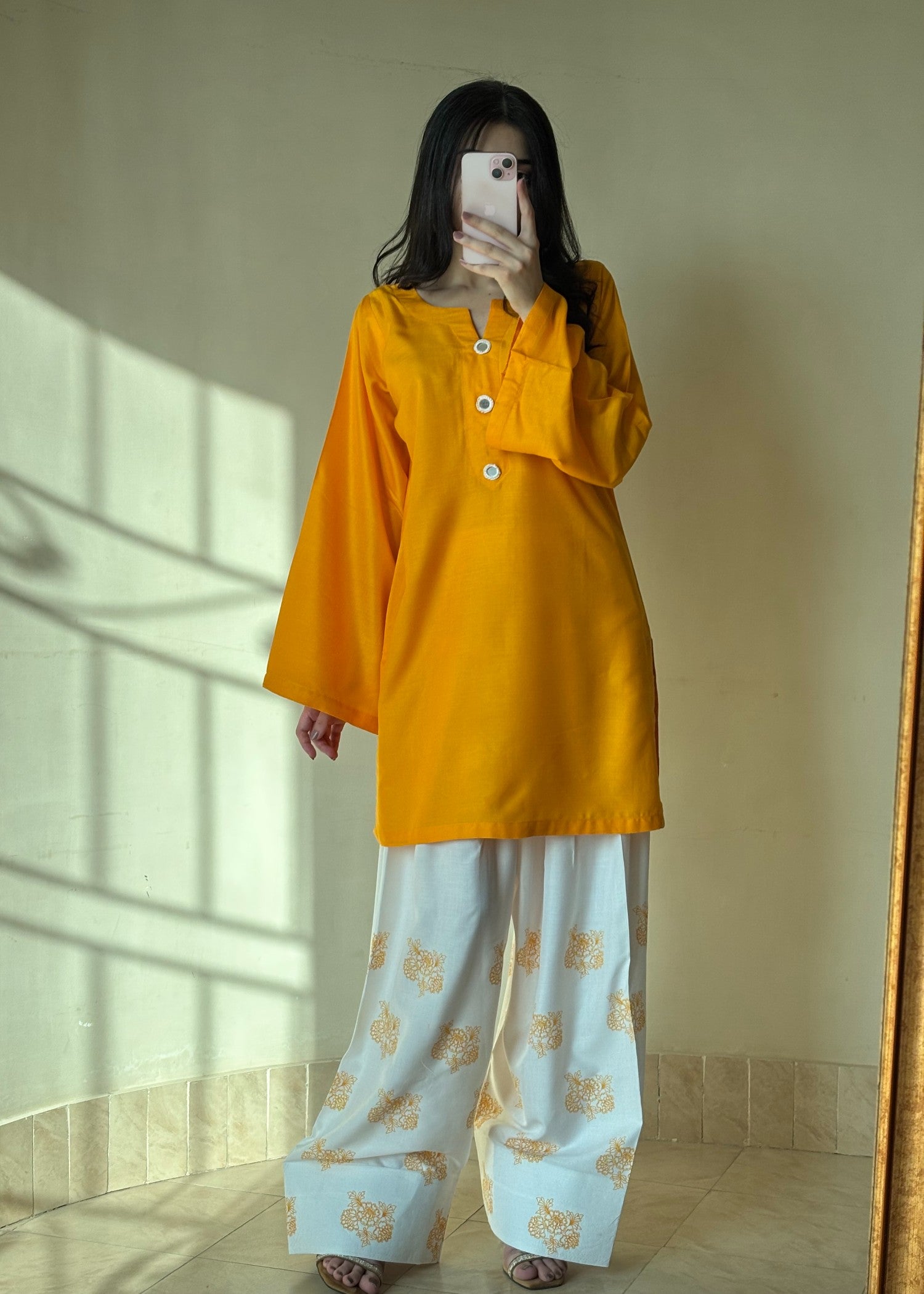 linen Kurta Set in Yellow, white