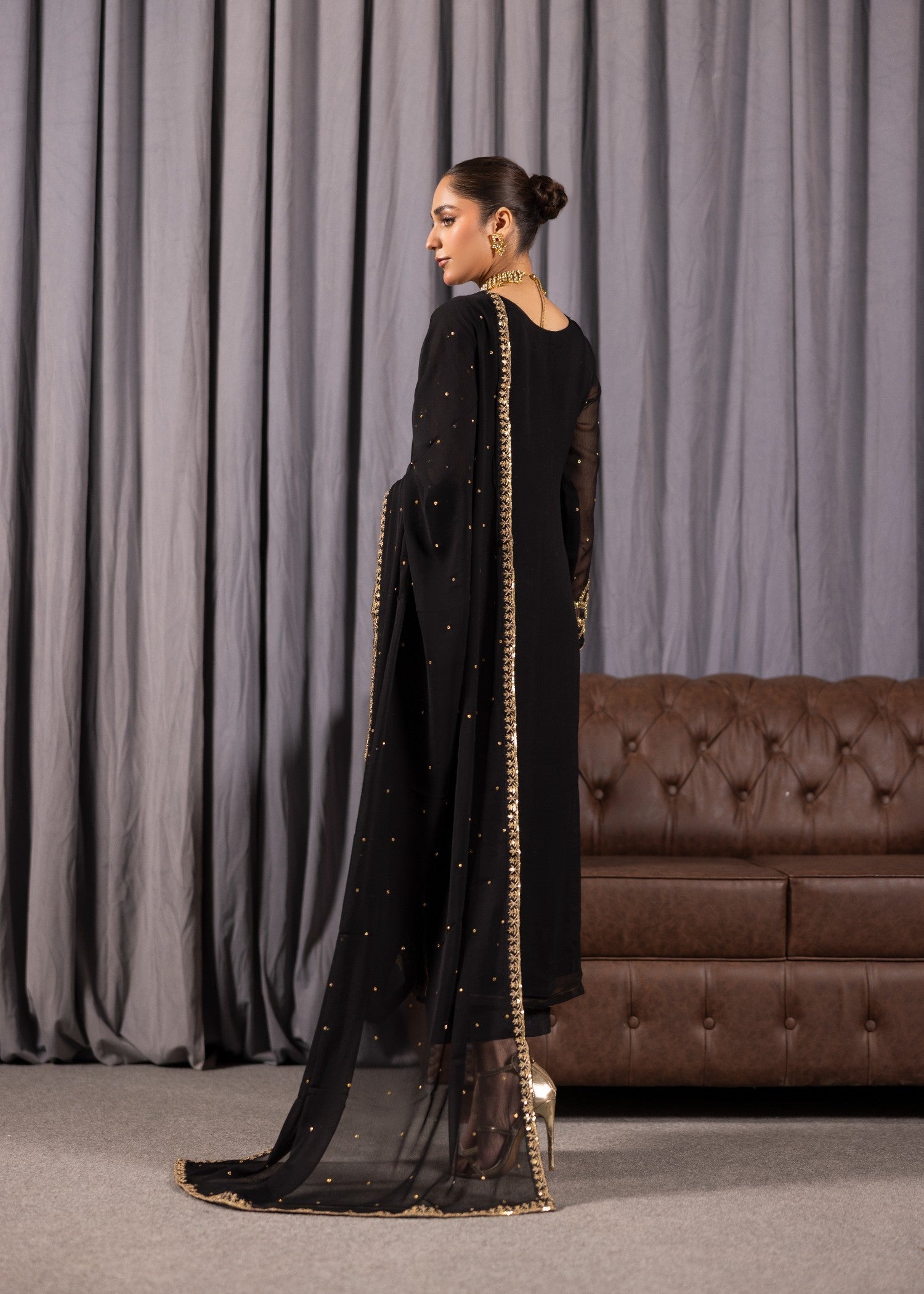 bemberg crinkle chiffon Kurta Set in Jet black