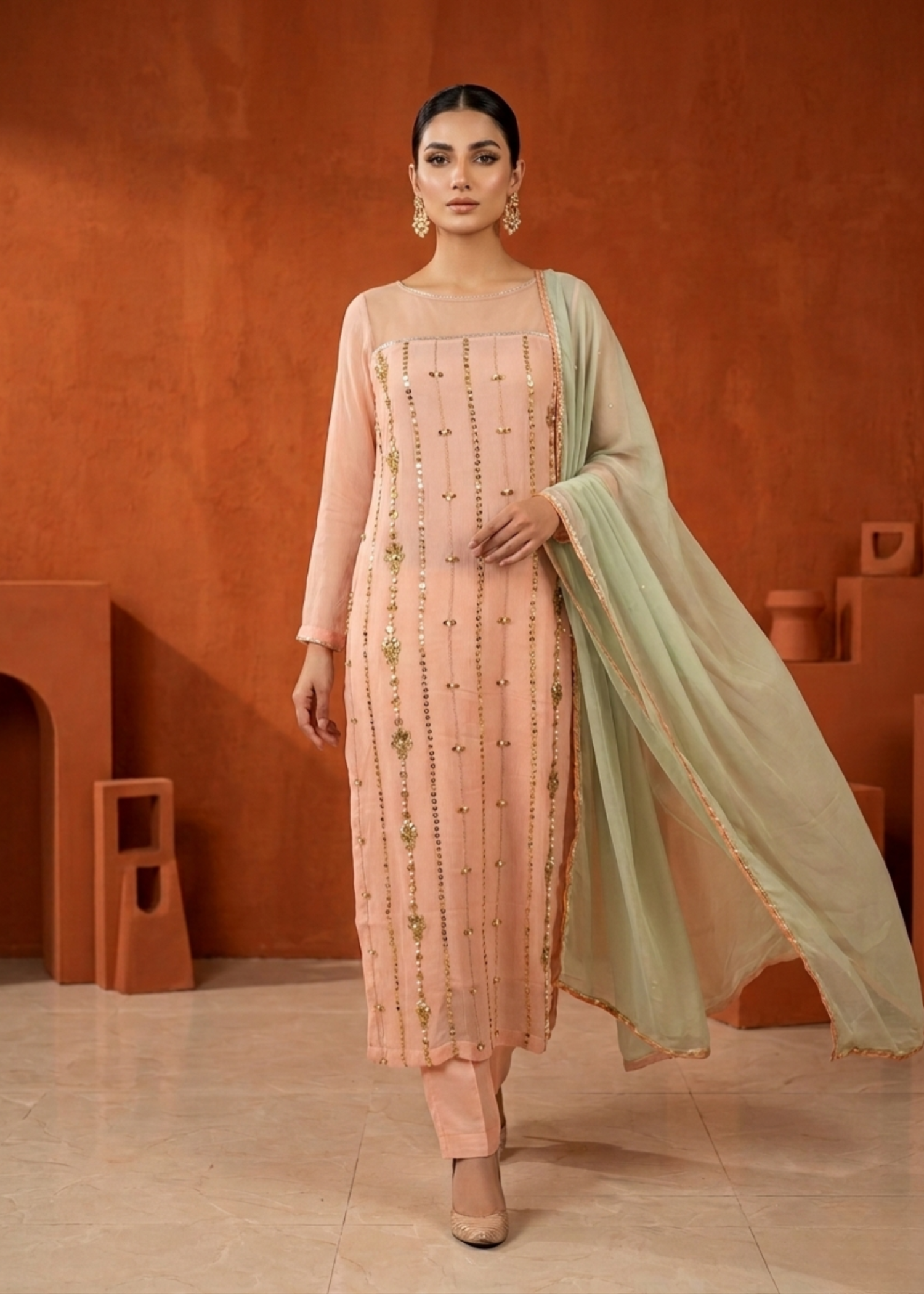 chiffon Kurta Set in Peach pink, pastel green