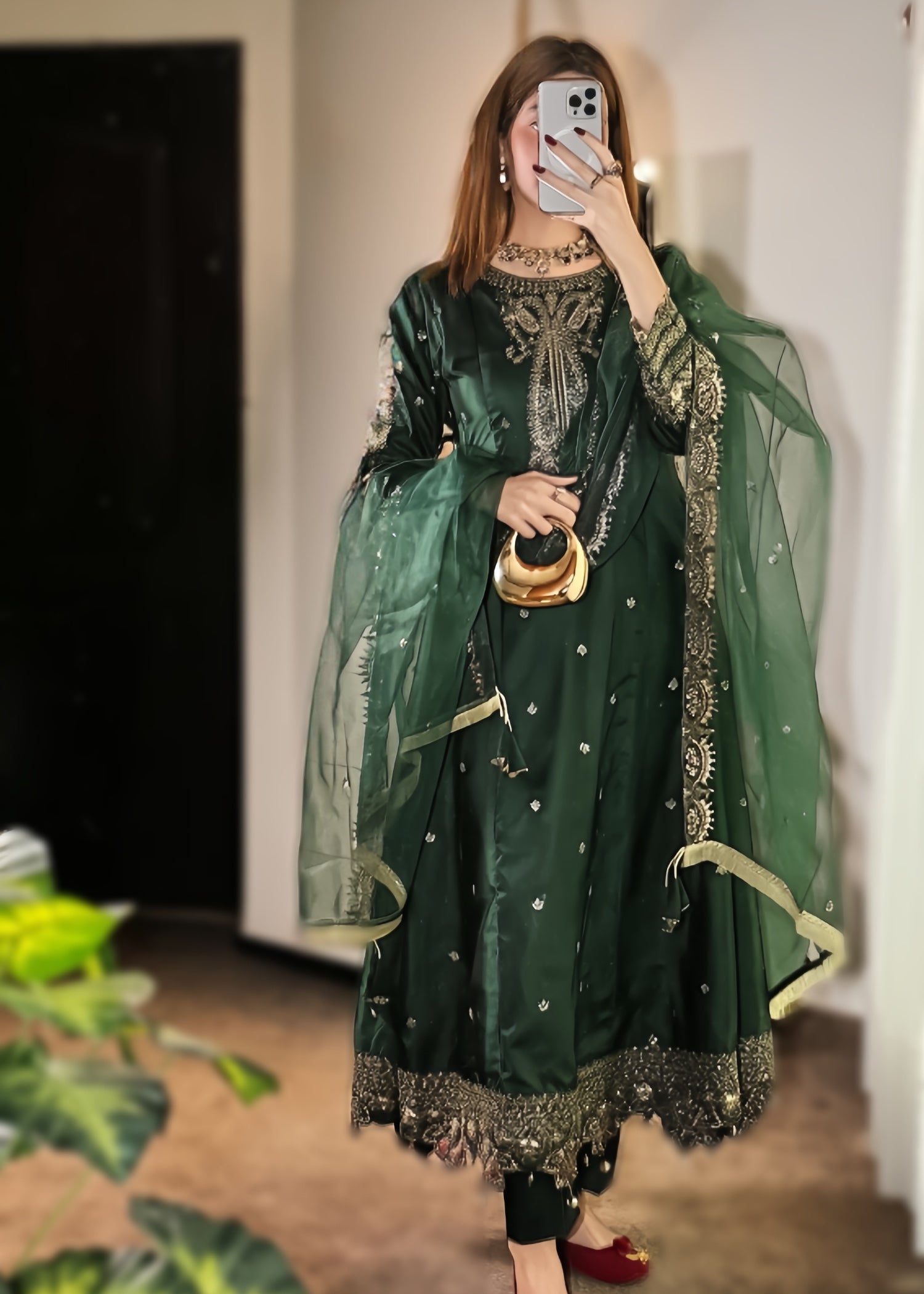 silk Pishwas in Bottle green