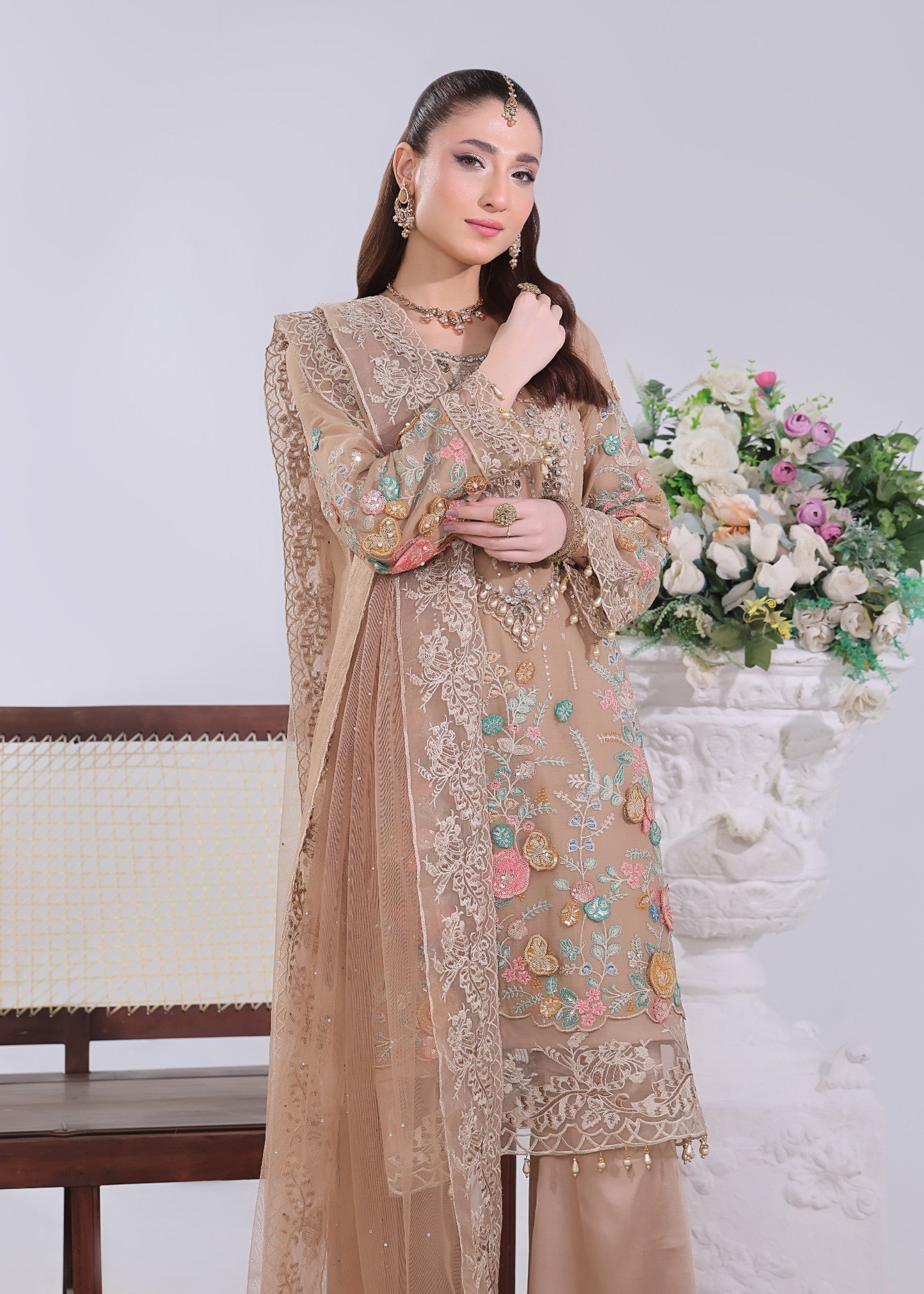 chiffon Kurta Set in Camel brown