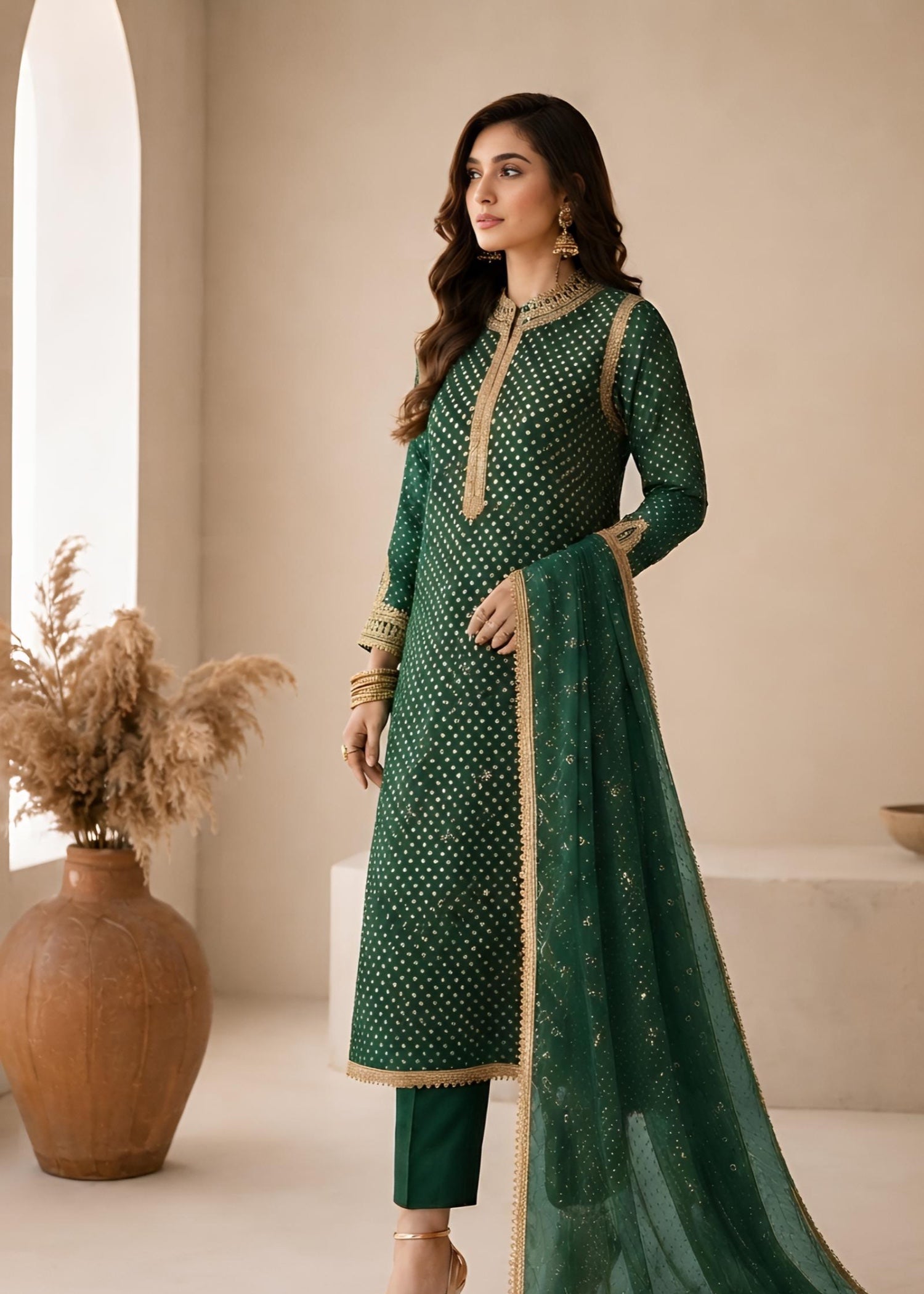 swiss lawn Kurta Set in Bottle green