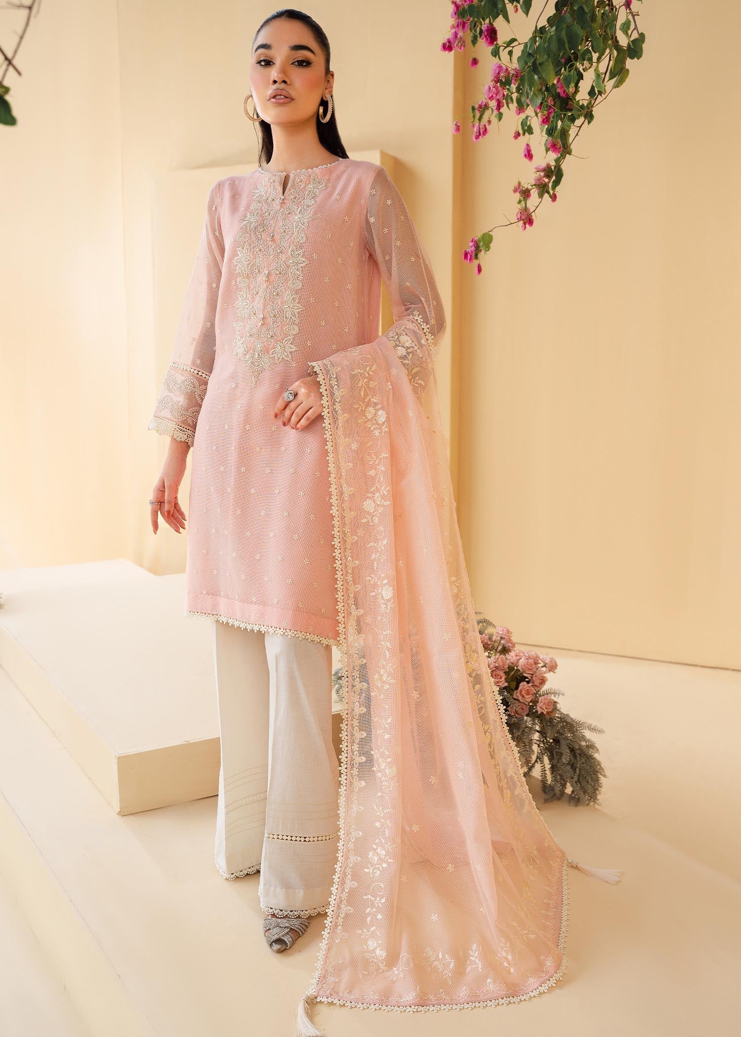 cotton net Kurta Set in Pastel pink