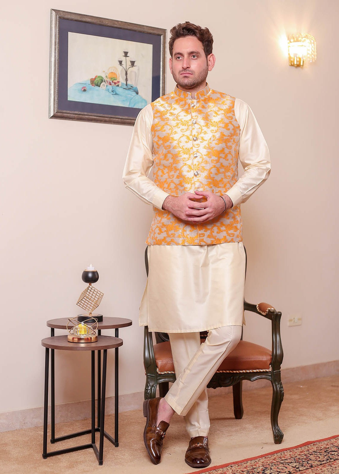 banarsi silk Waistcoat in Yellow