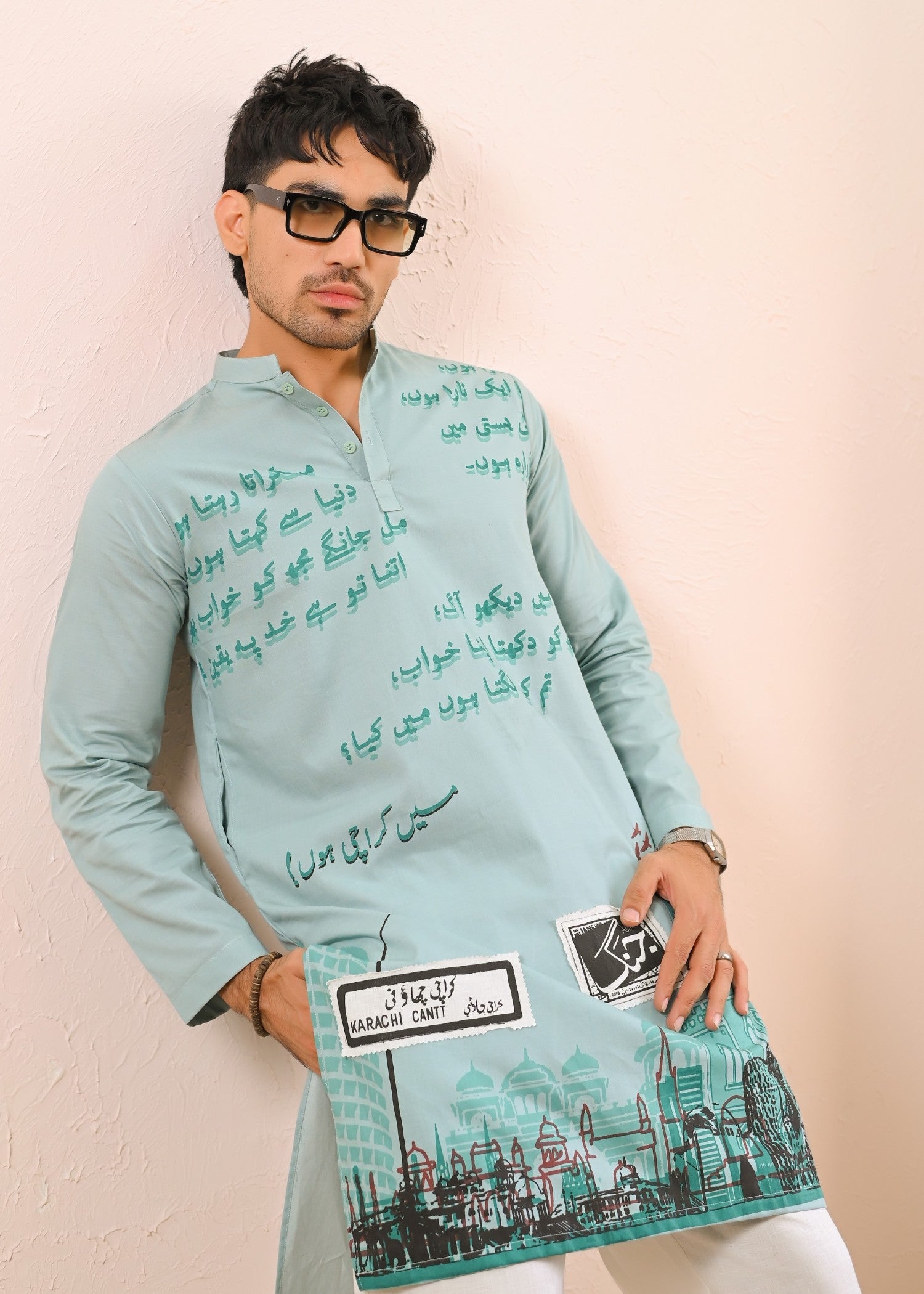 blended satin Kurta in Green