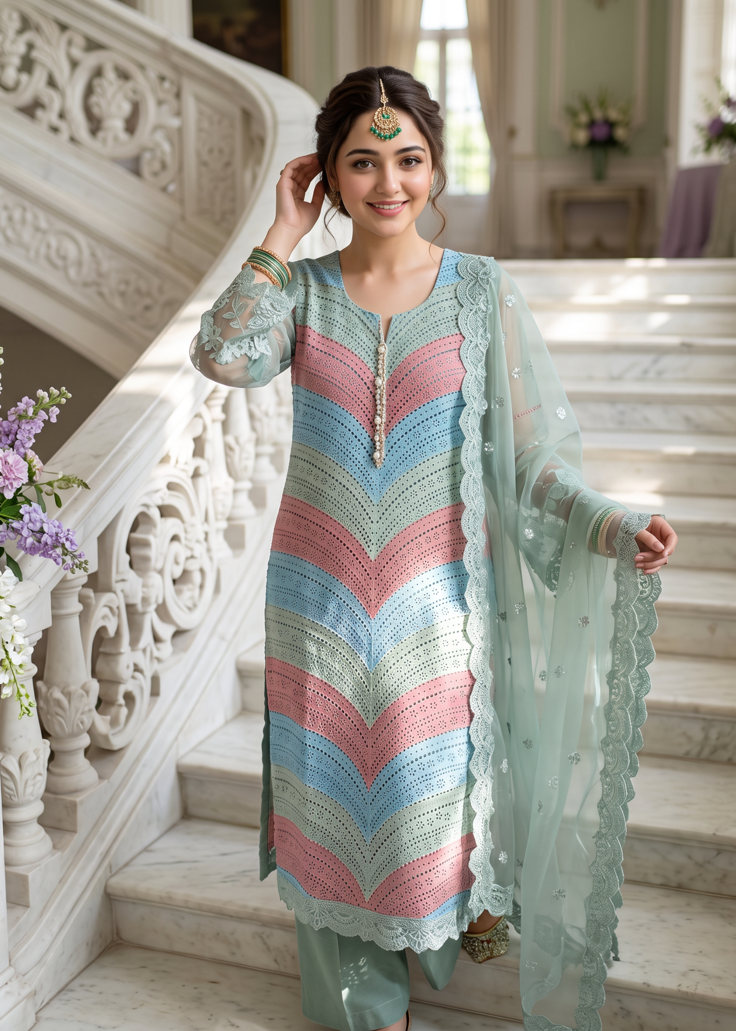 organza Kurta Set in Sky blue, moss green, taffy pink