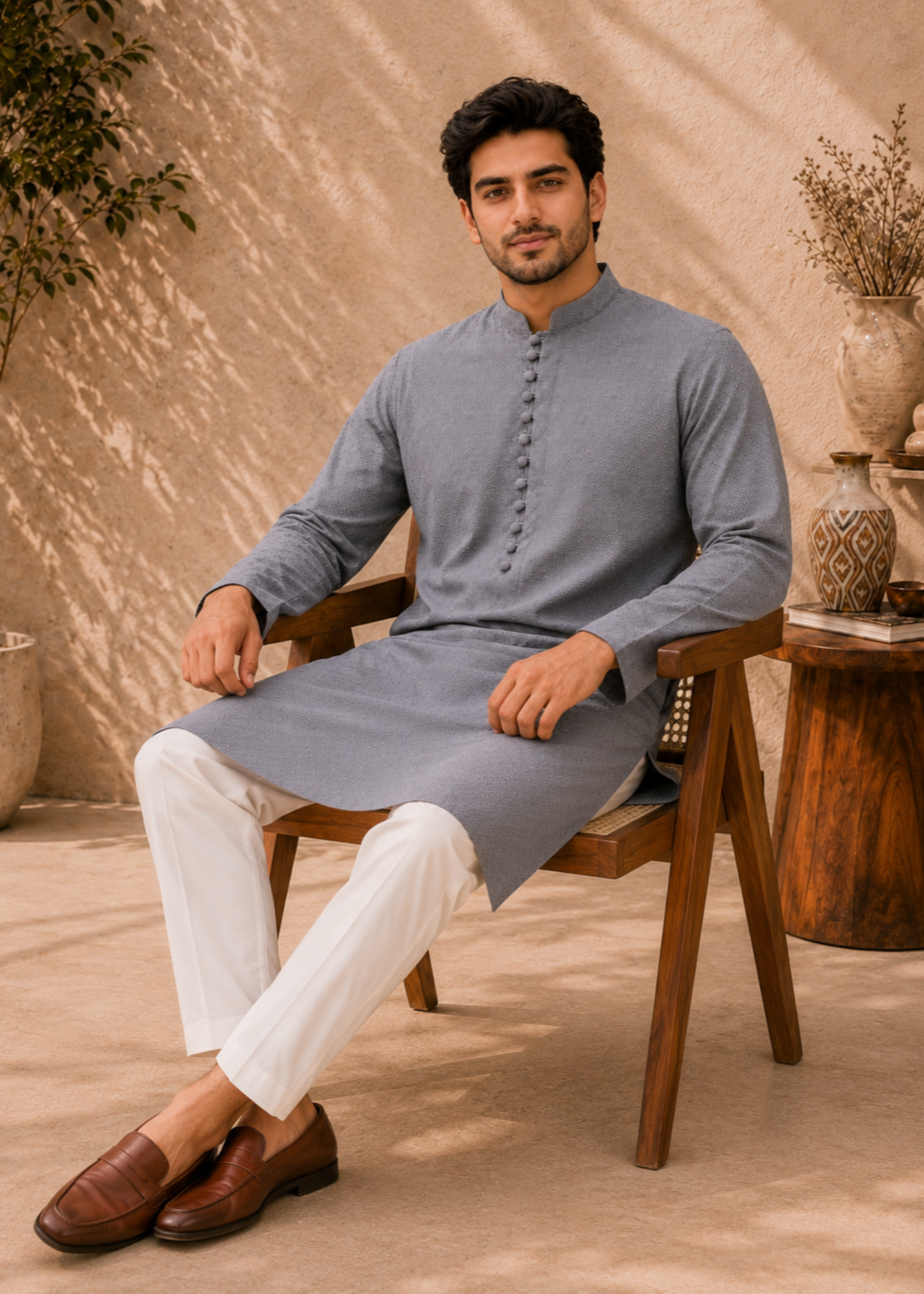 lawn cotton Kurta Set in Slate grey