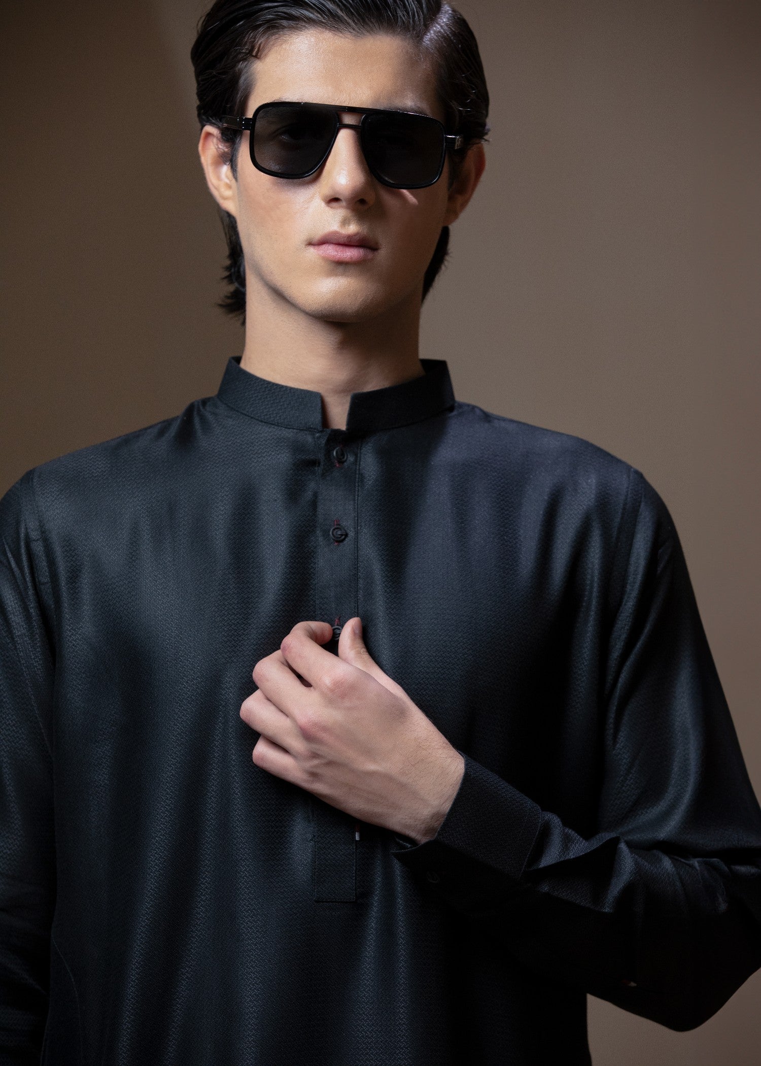 textured wash & wear Shalwar Kameez in Black