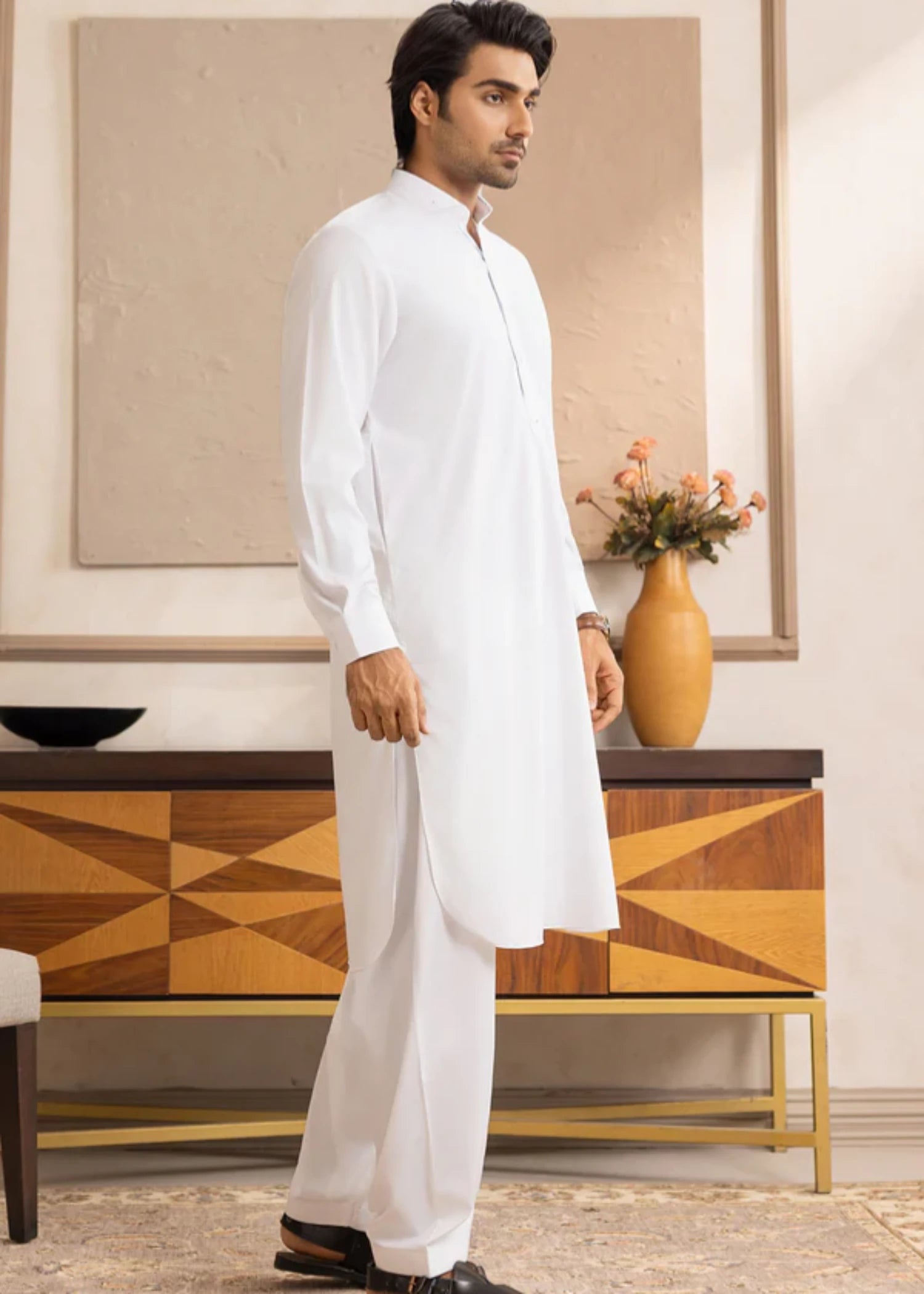 blended satin Shalwar Kameez in White