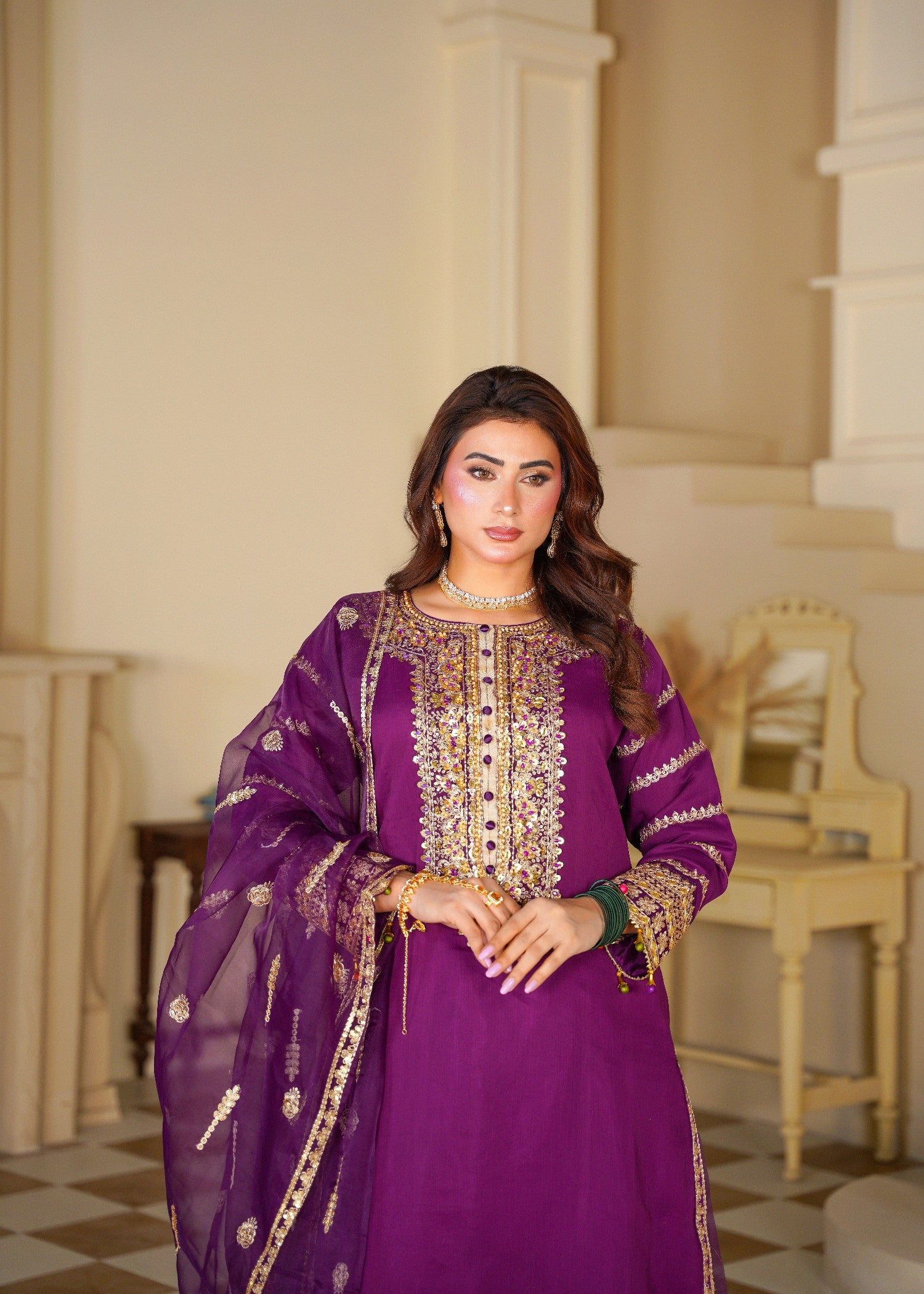 chiffon Sharara in Purple, gold