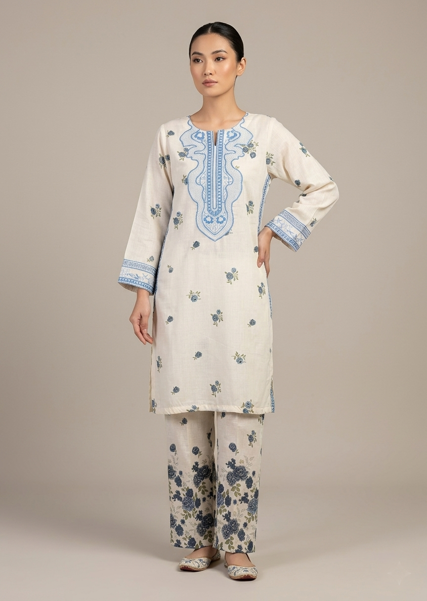 lawn Kurta Set in Blue, off-white