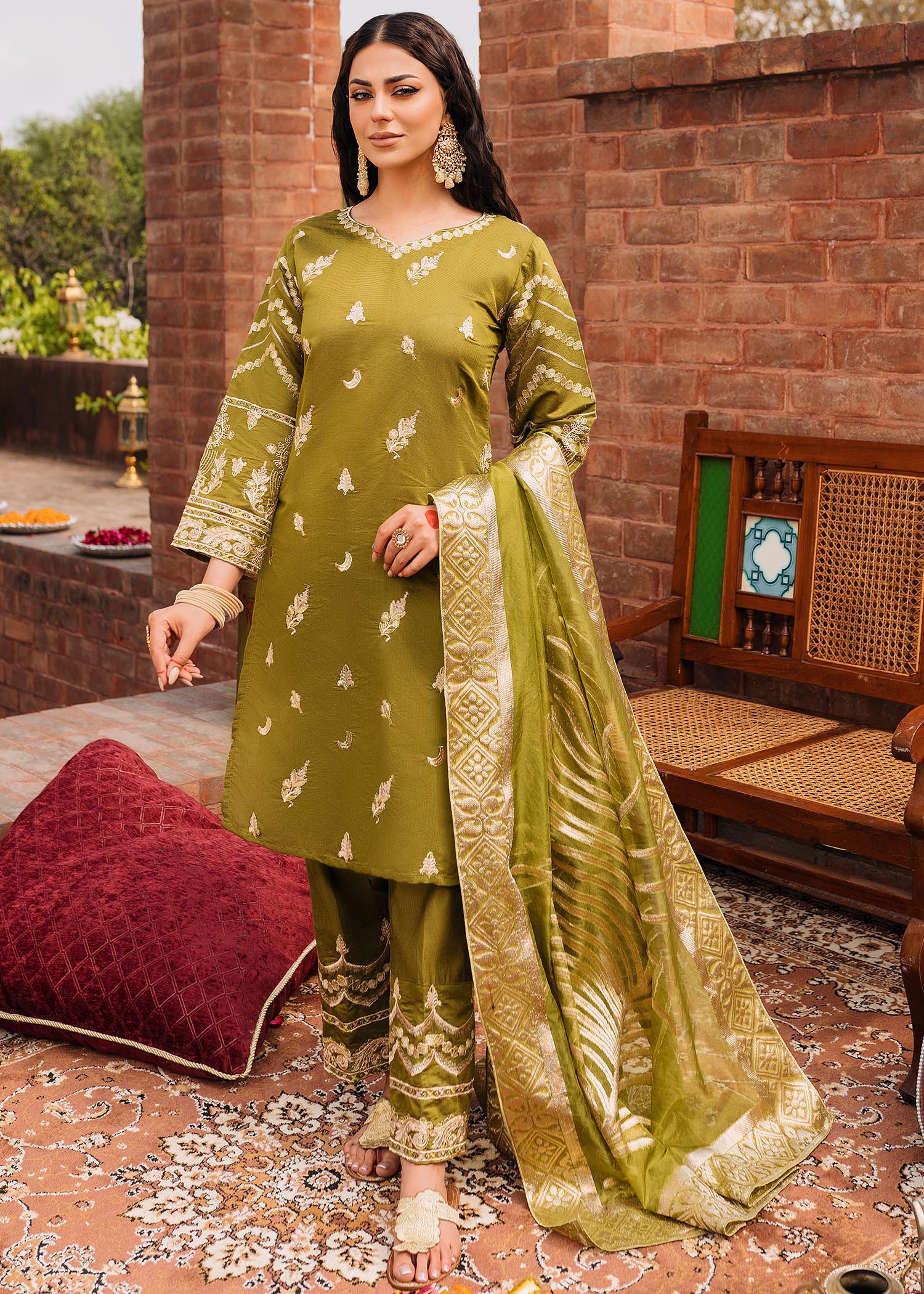 chambray Kurta Set in Olive green