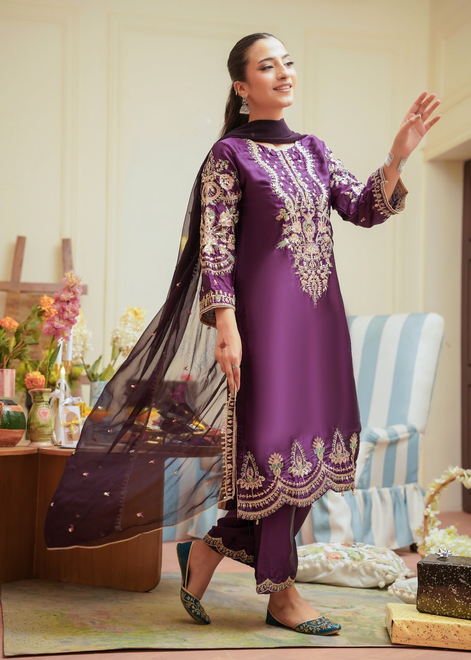 silk Kurta Set in Plum