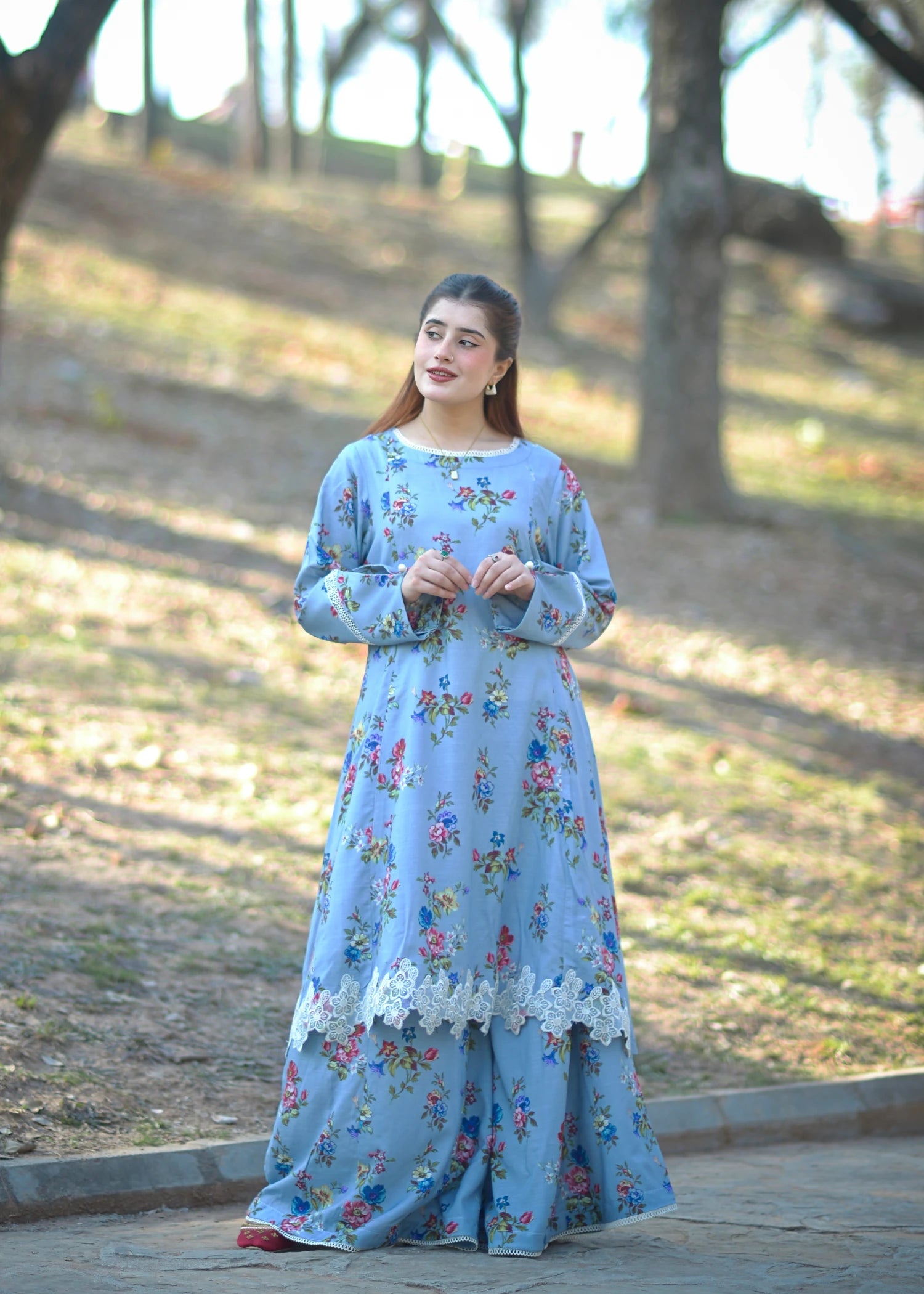 lawn cotton Kurta Set in Powder blue