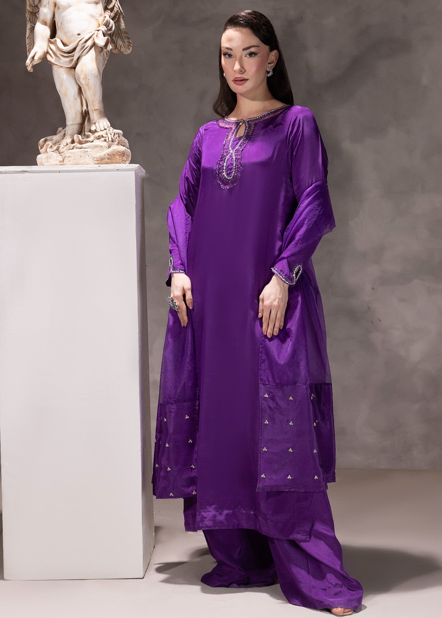 silk Kurta Set in Deep purple