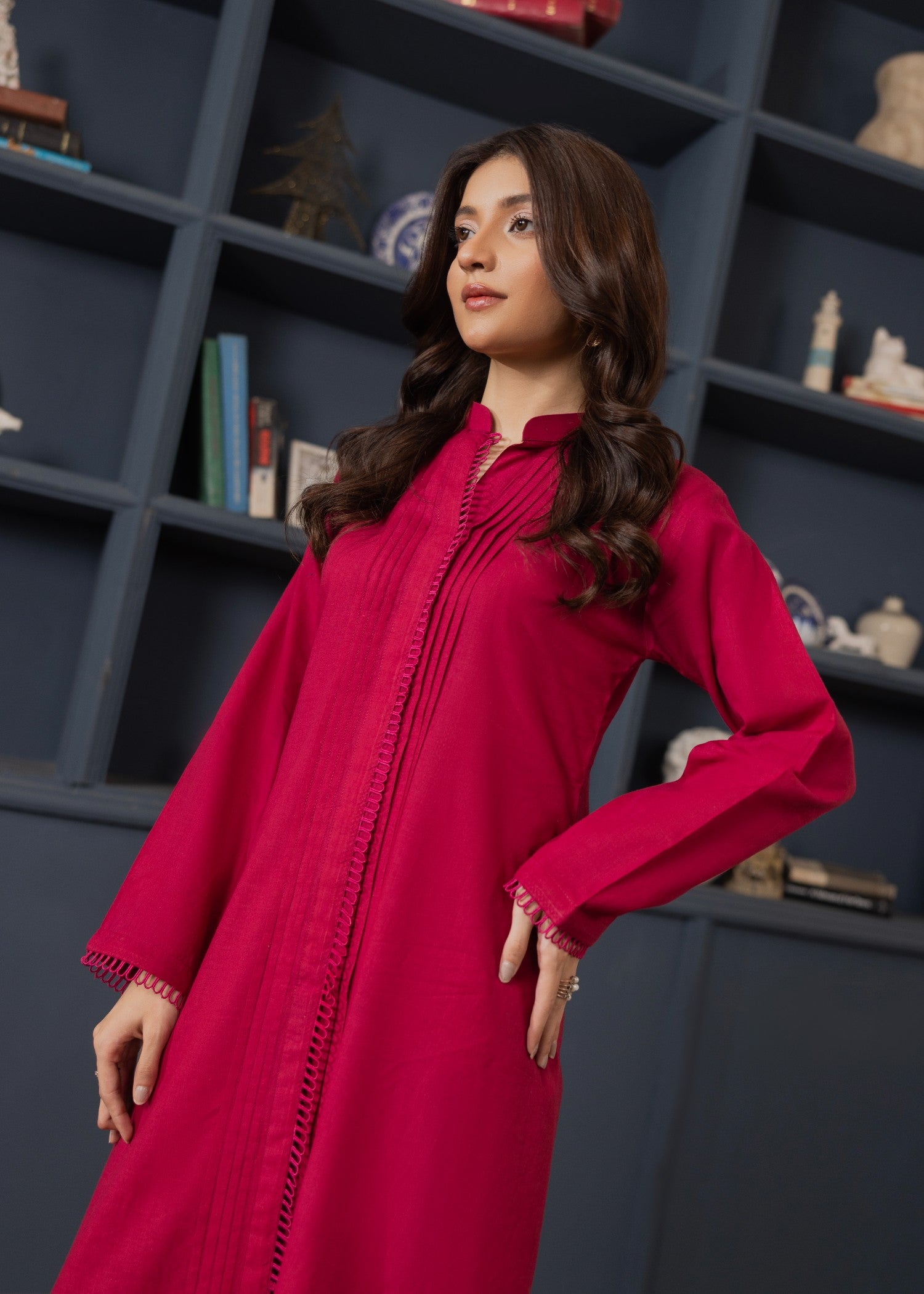 lawn cotton Kurta Set in Rose red