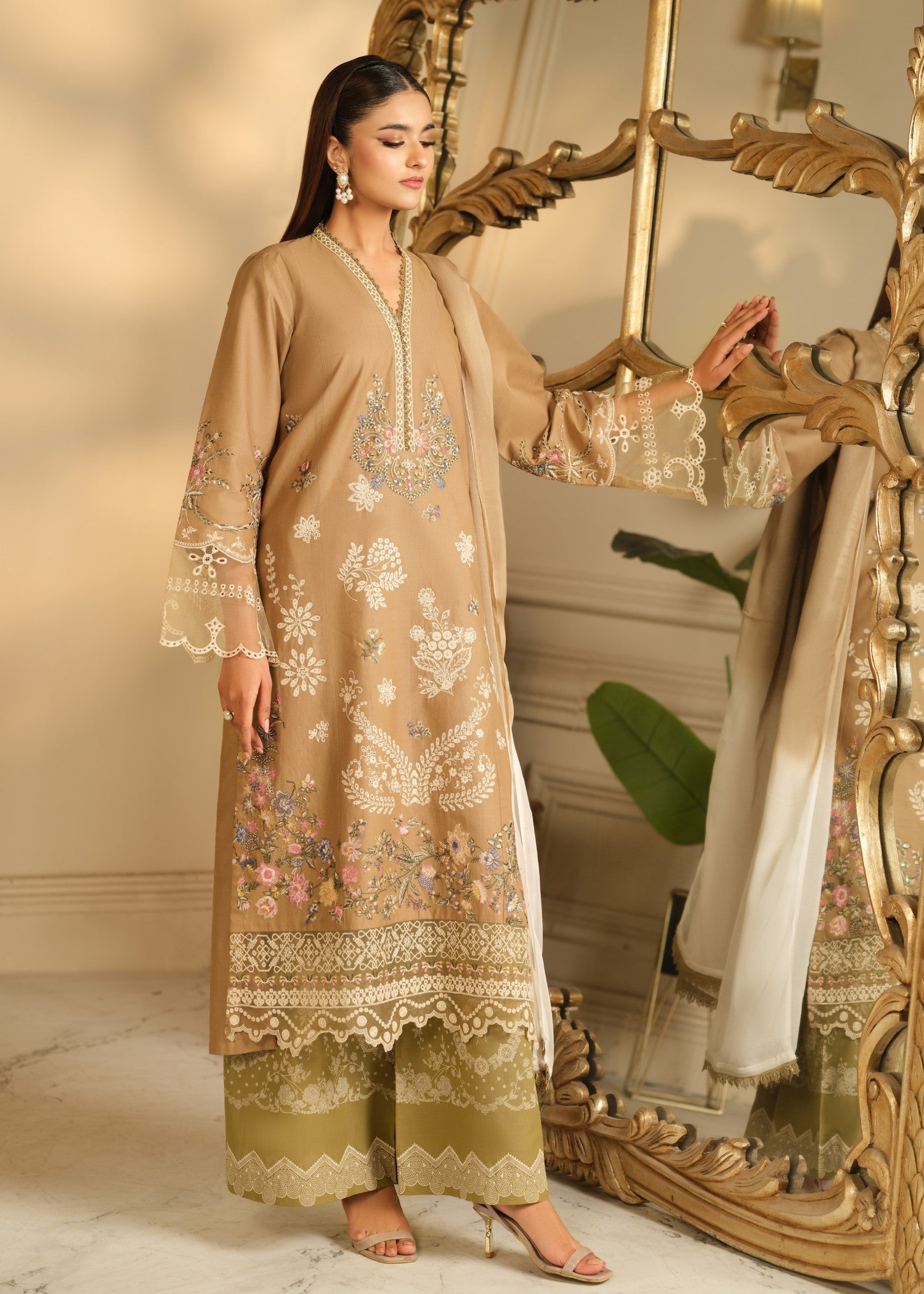 cambric cotton Kurta Set in Beige