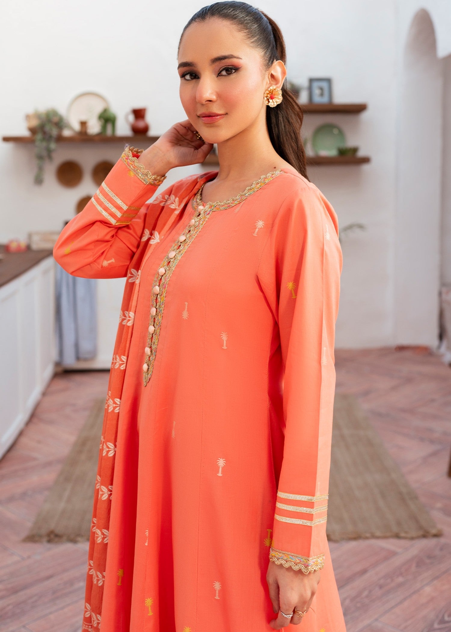lawn cotton Pishwas in Coral pink