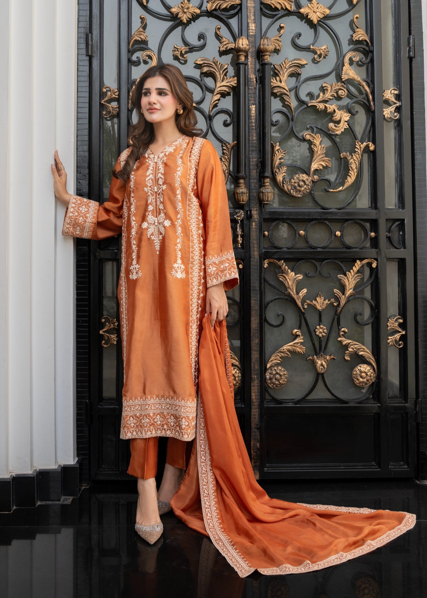 tissue silk Kurta Set in Rust orange
