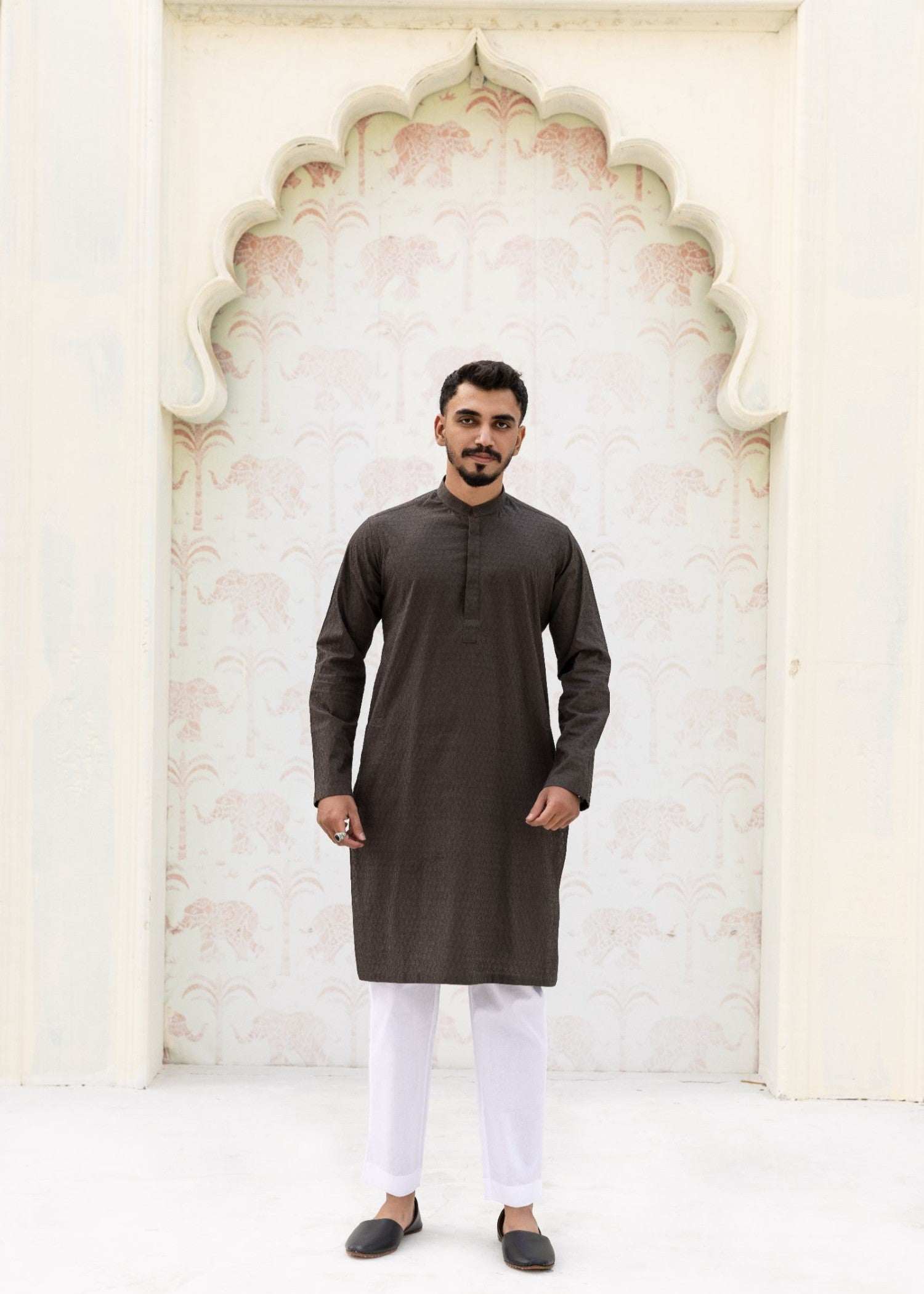 schiffli Kurta Set in Black olive