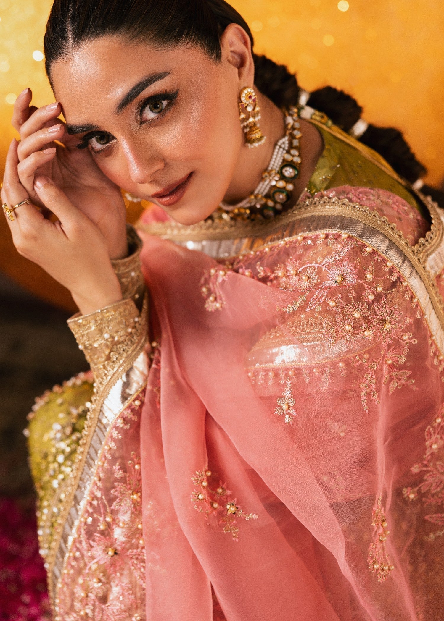 organza Pishwas in Olive green, coral orange