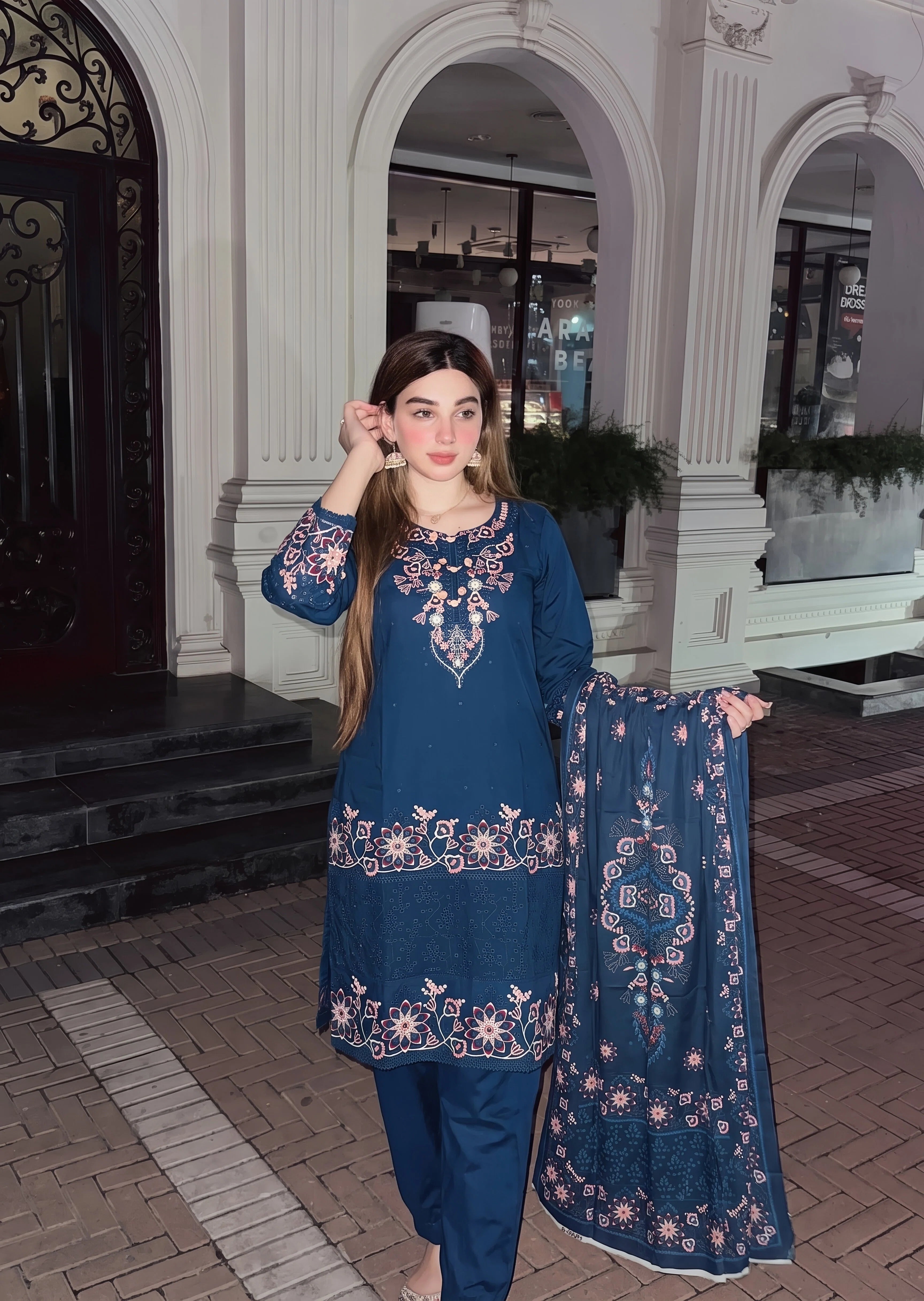 cotton linen Kurta Set in Yale blue