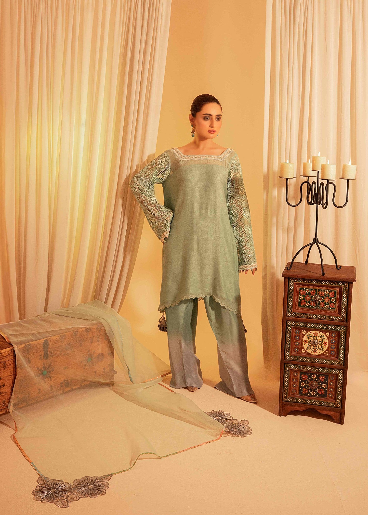 cotton net Kurta Set in Moss green