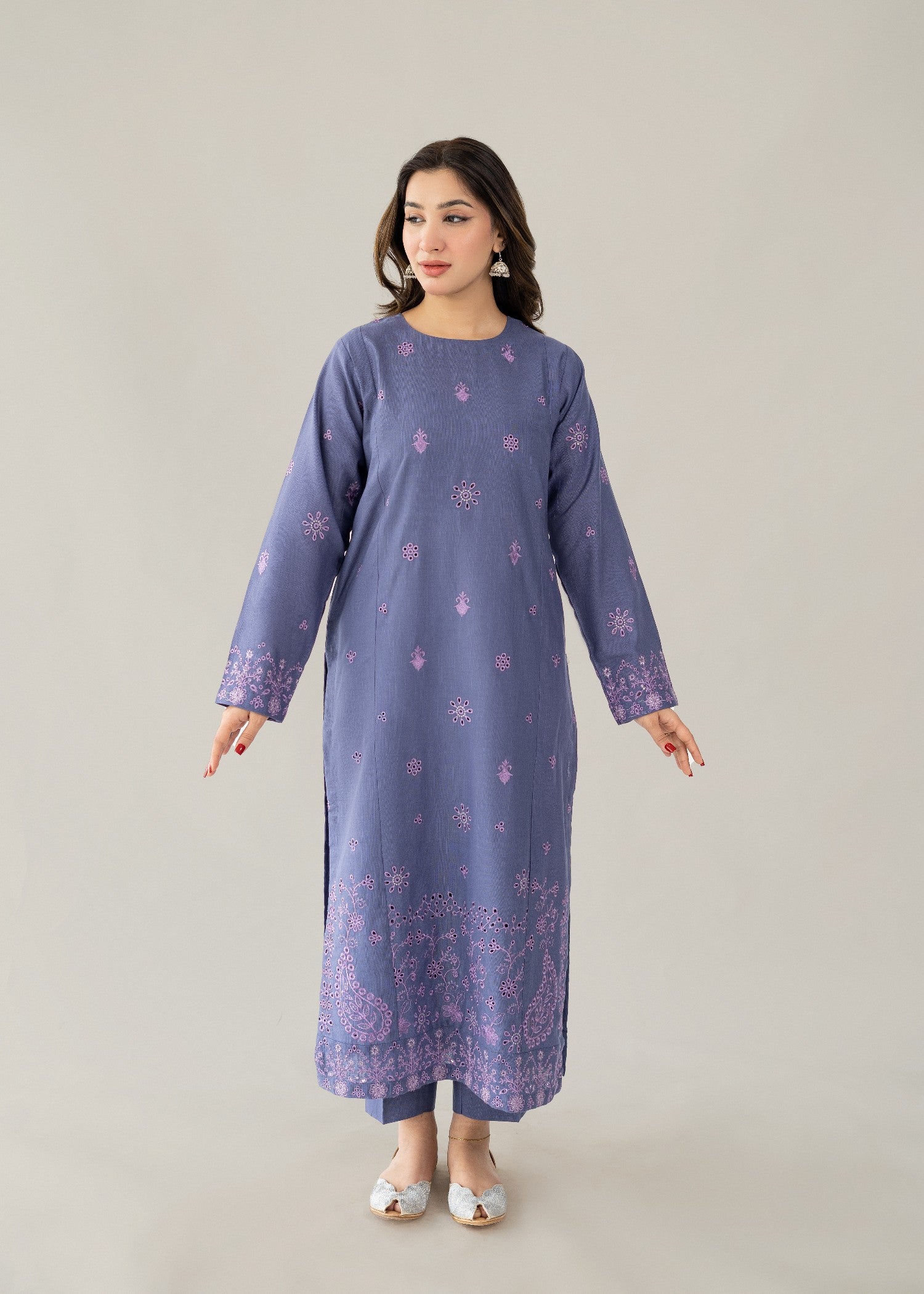 slub khaddar Kurta Set in Royal purple