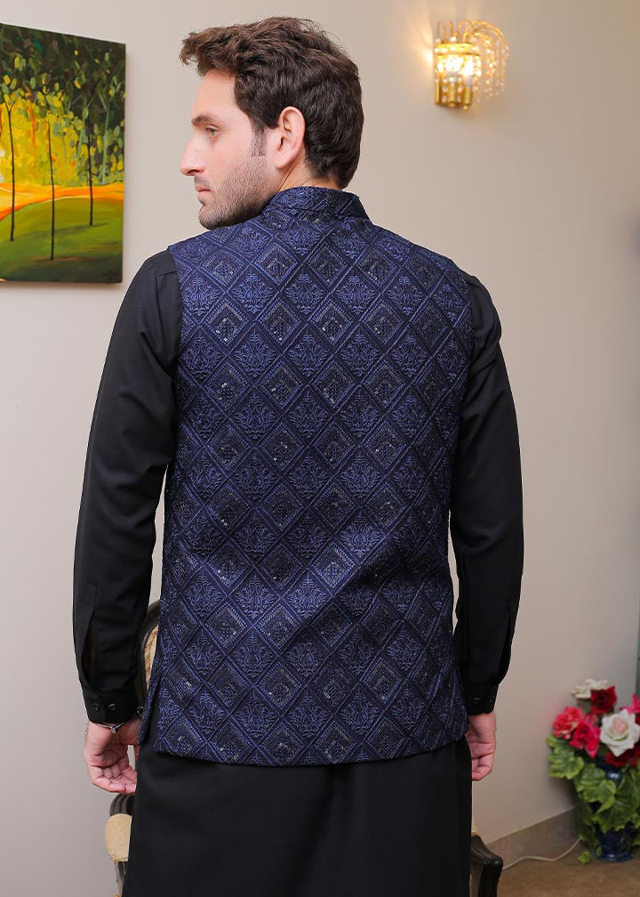 banarsi silk Waistcoat in Navy blue