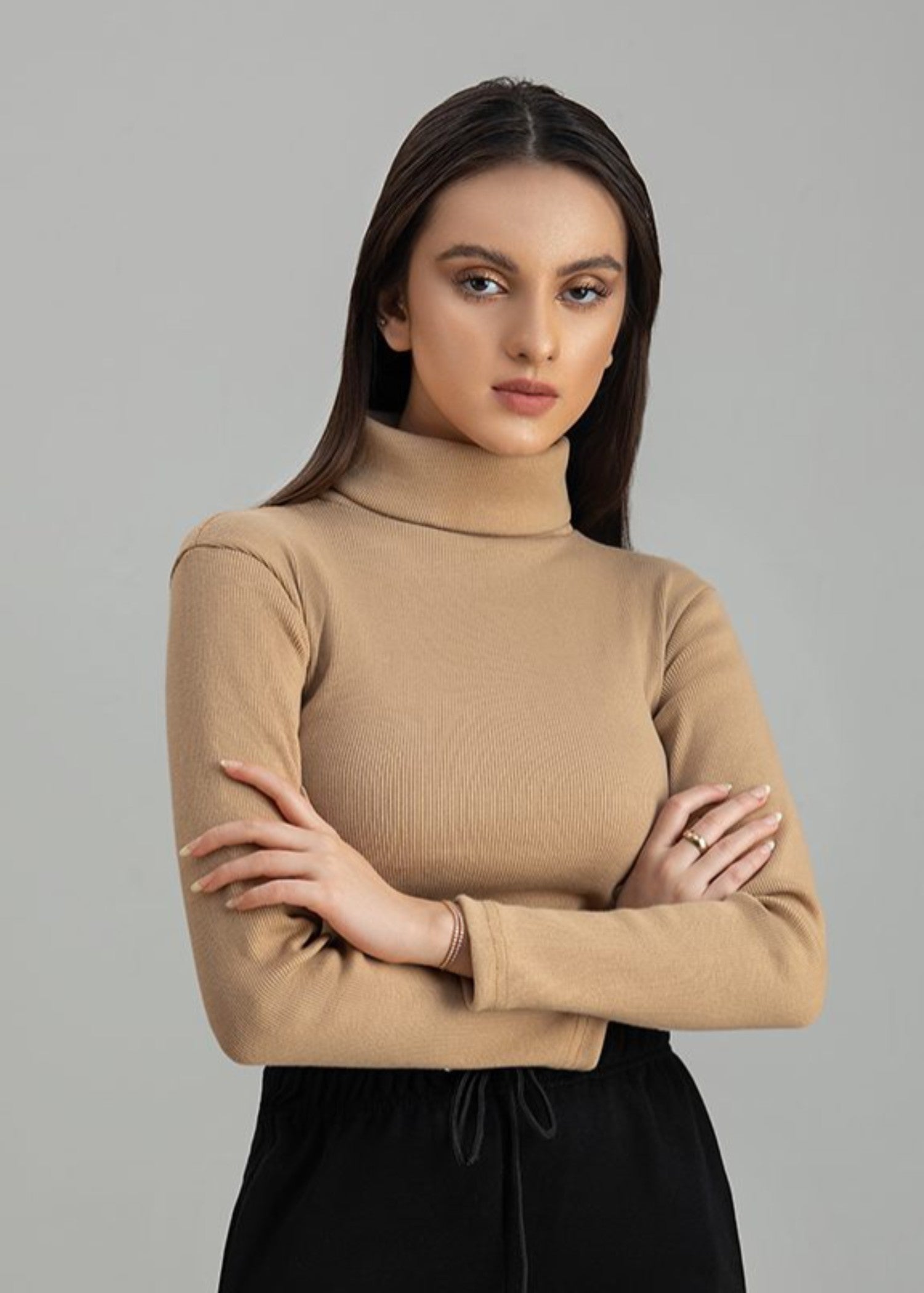 jersey knit Turtle Neck in Tan brown