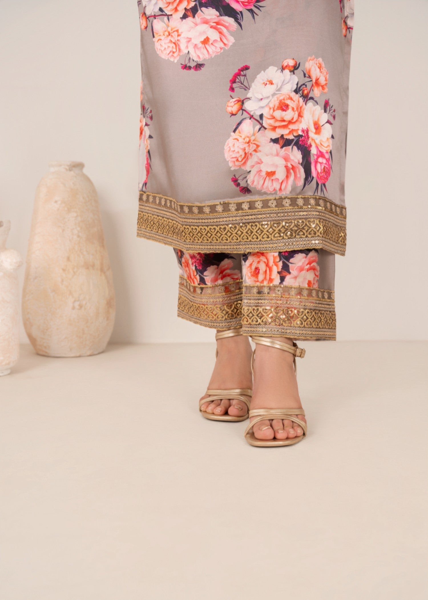 silk charmeuse Kurta Set in Light grey