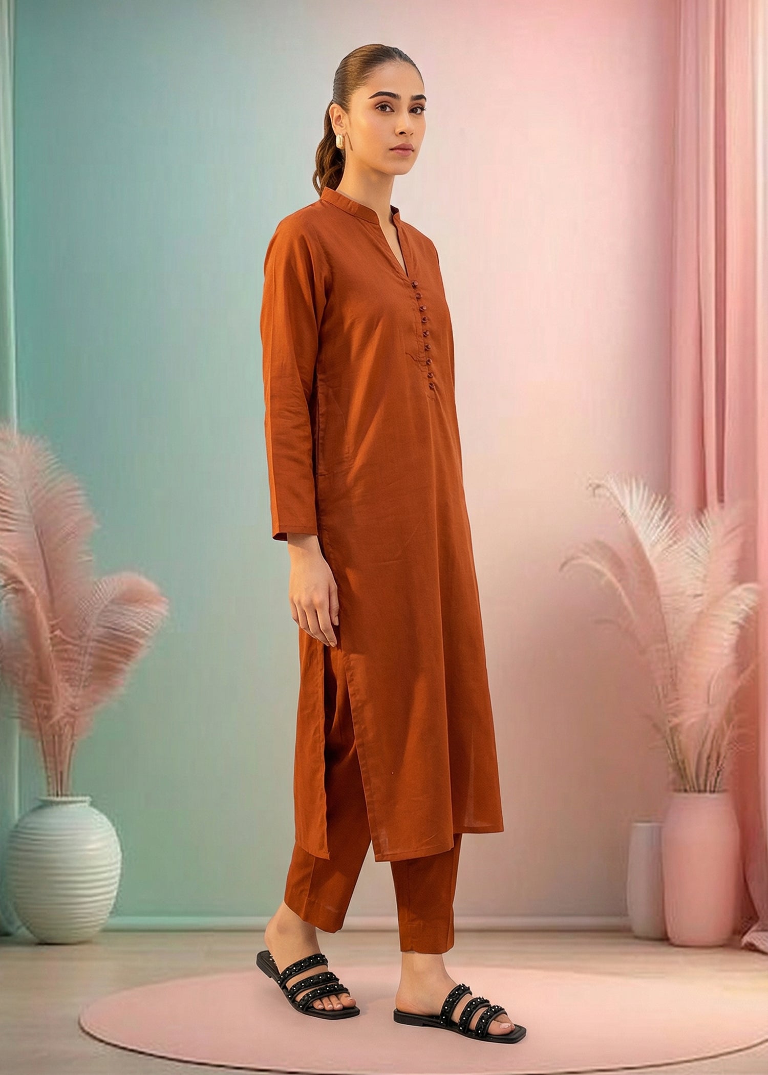 slub lawn Kurta Set in Orange