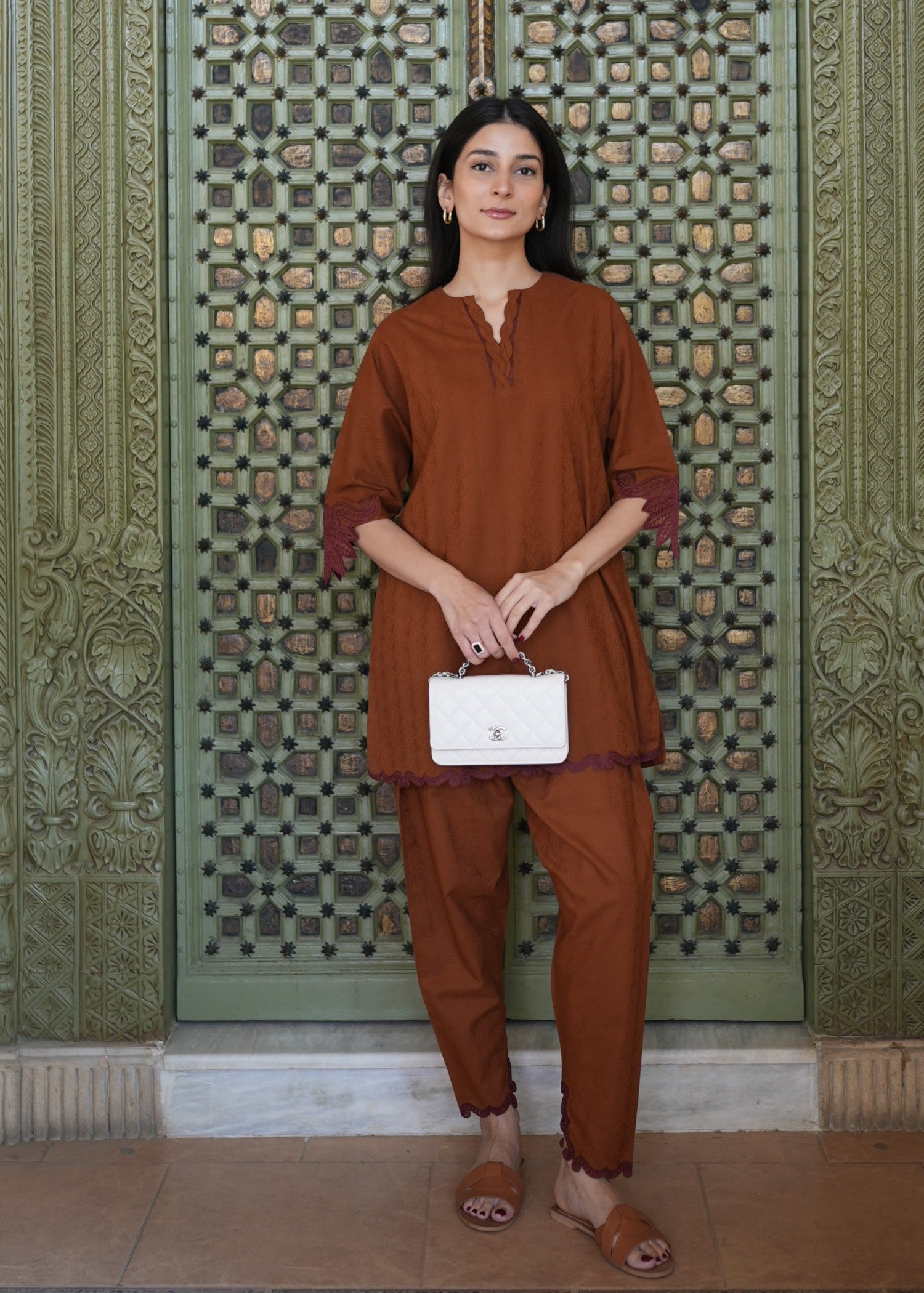 self jacquard Co Ord Sets in Brown