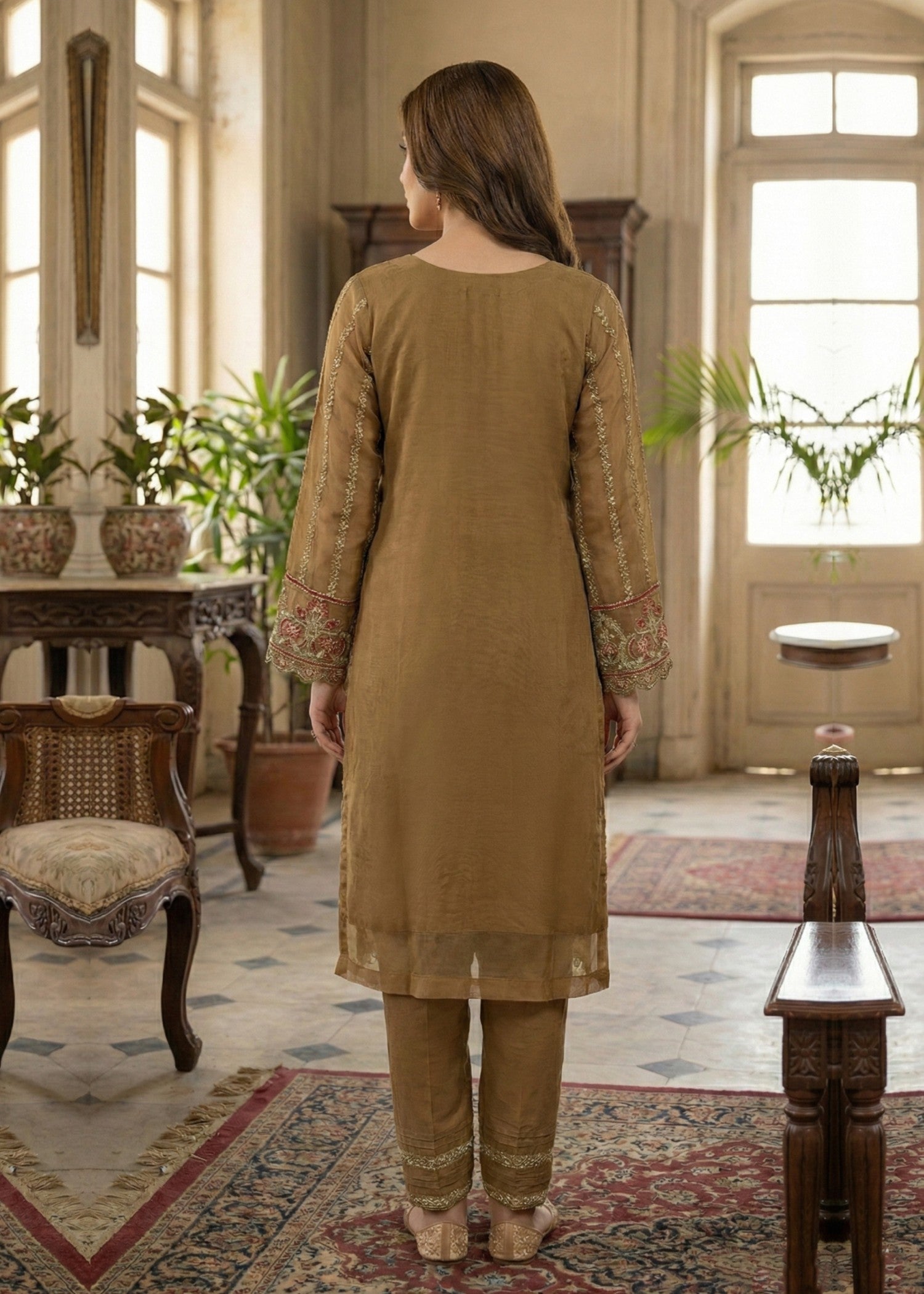 organza Kurta Set in Golden brown