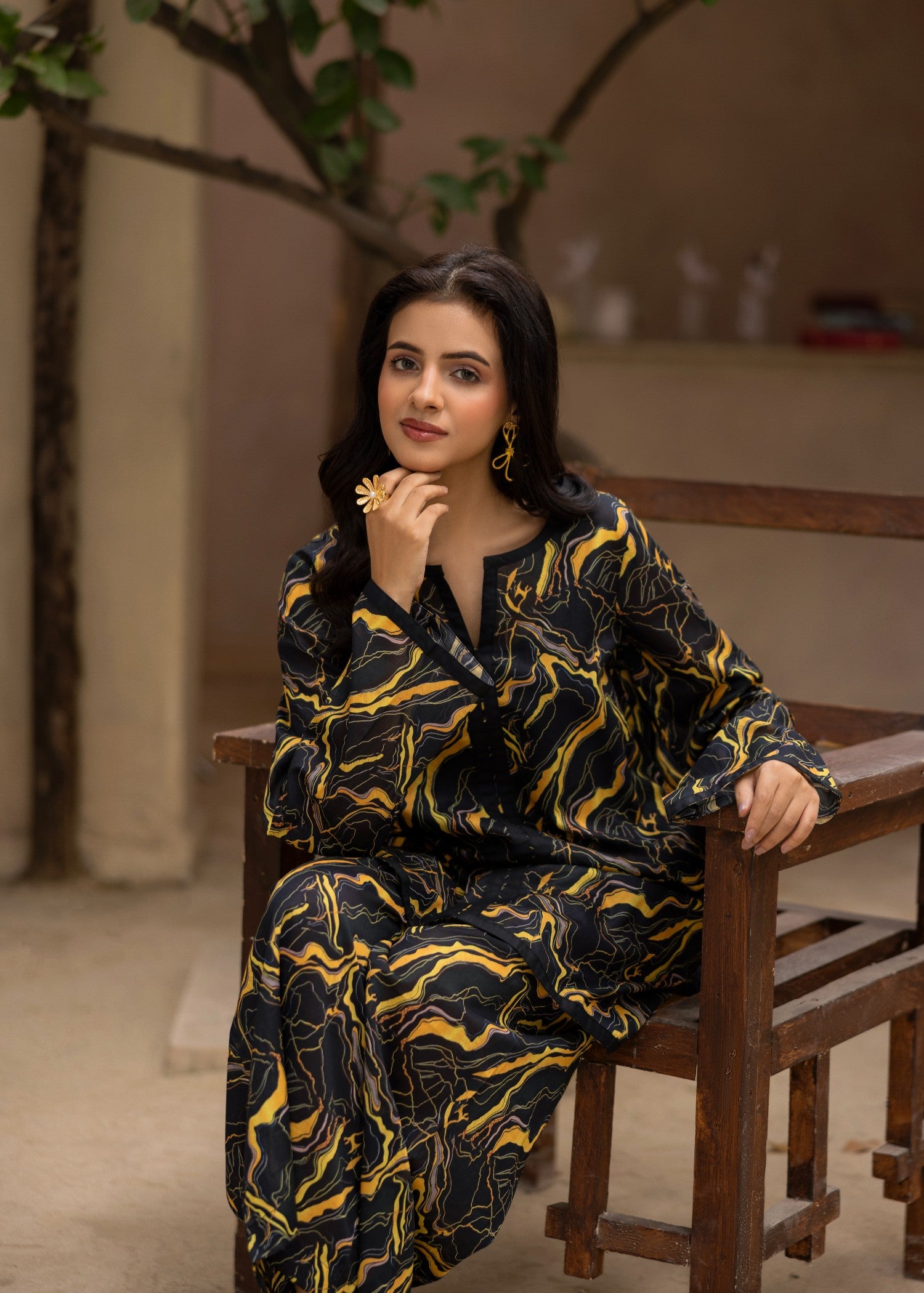 lawn Co Ord Sets in Charcoal black, mari gold