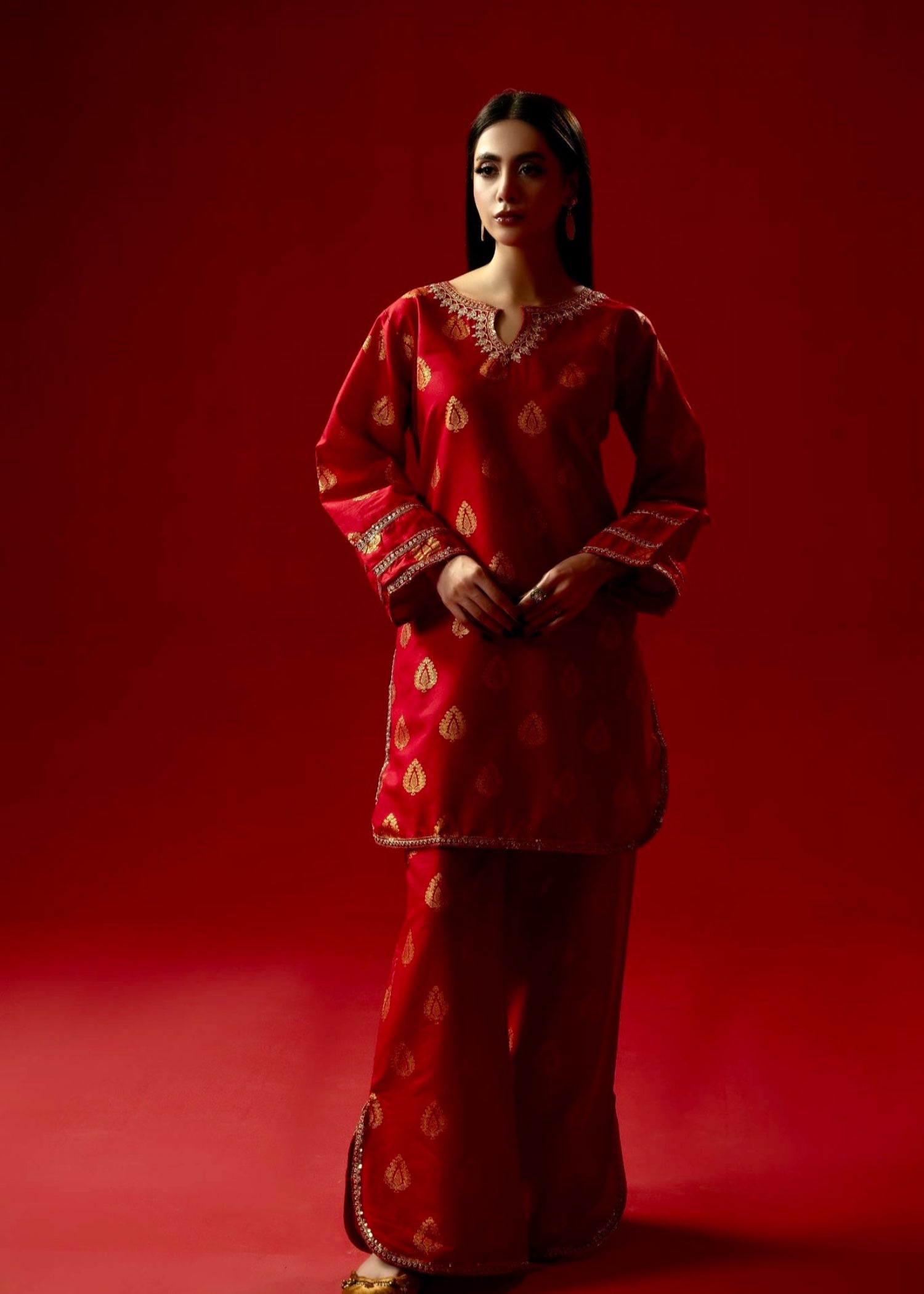cambric Kurta Set in Red