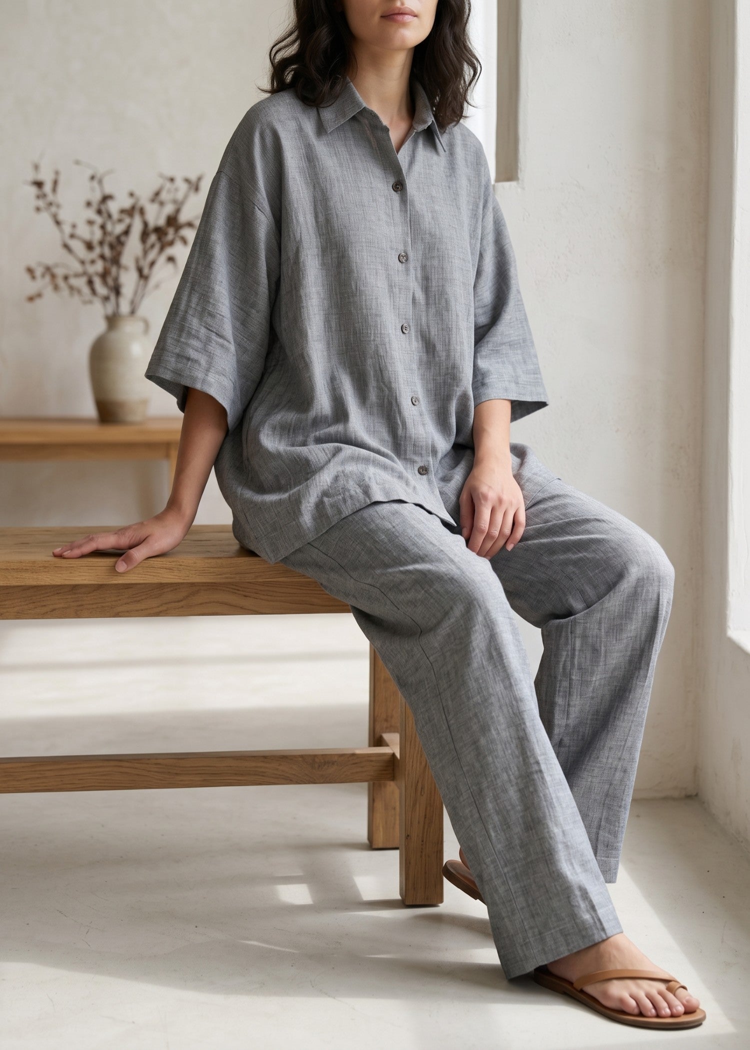 blended linen Co Ord Sets in Grey