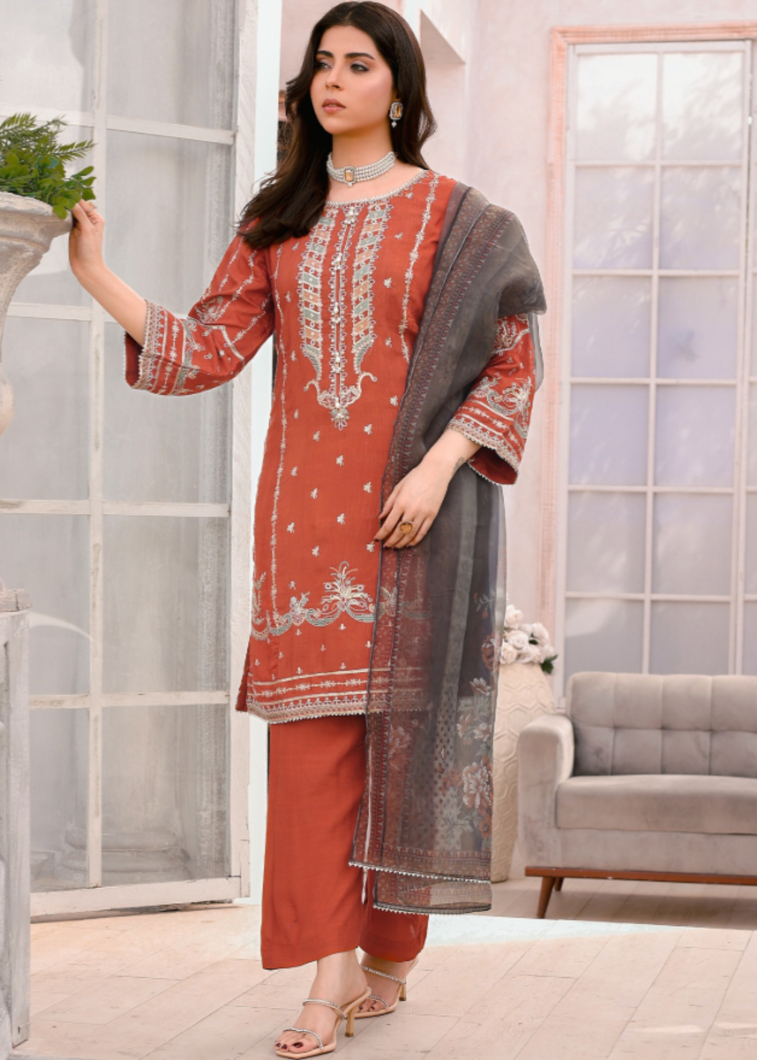 pk raw silk Kurti in Rust orange