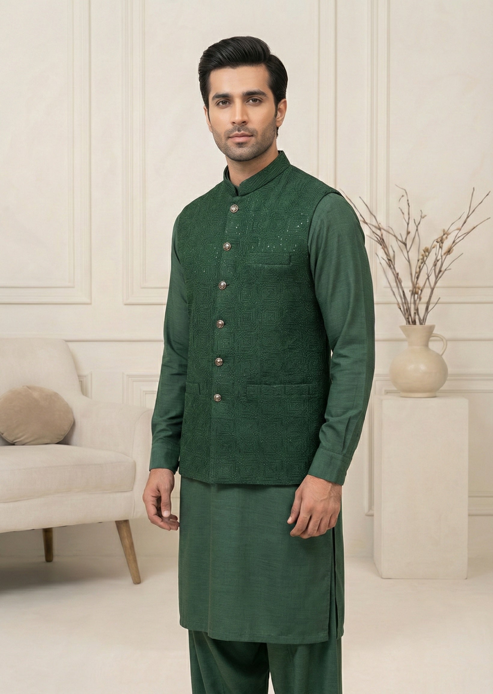 traditional jamawar Waistcoat in Green