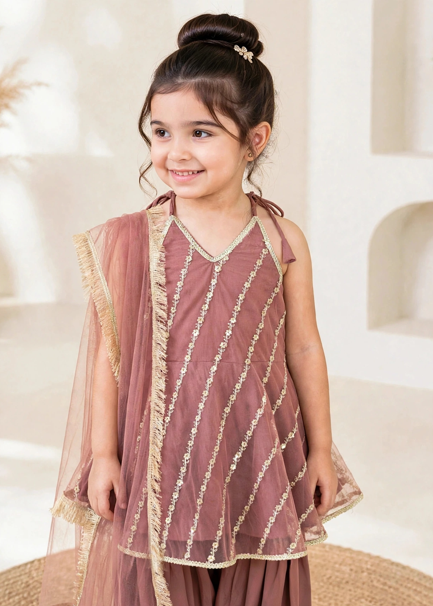net Short Frock in Indian pink